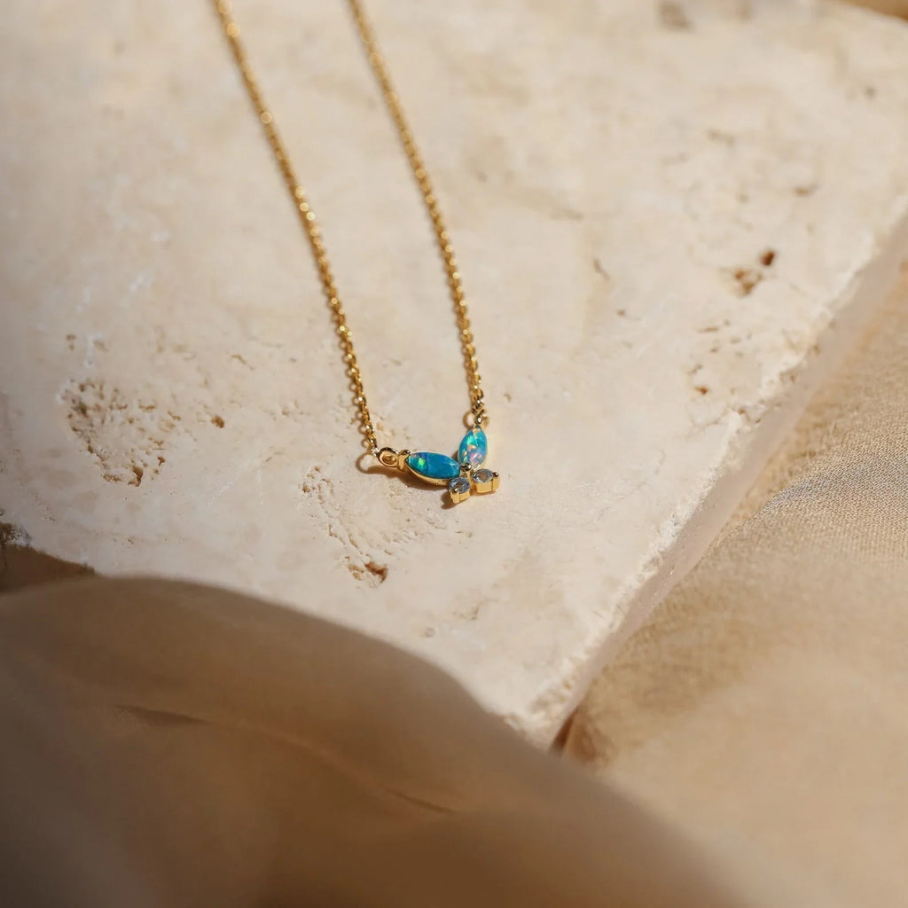Opal Butterfly Necklace Set Silver 18K Gold Plated