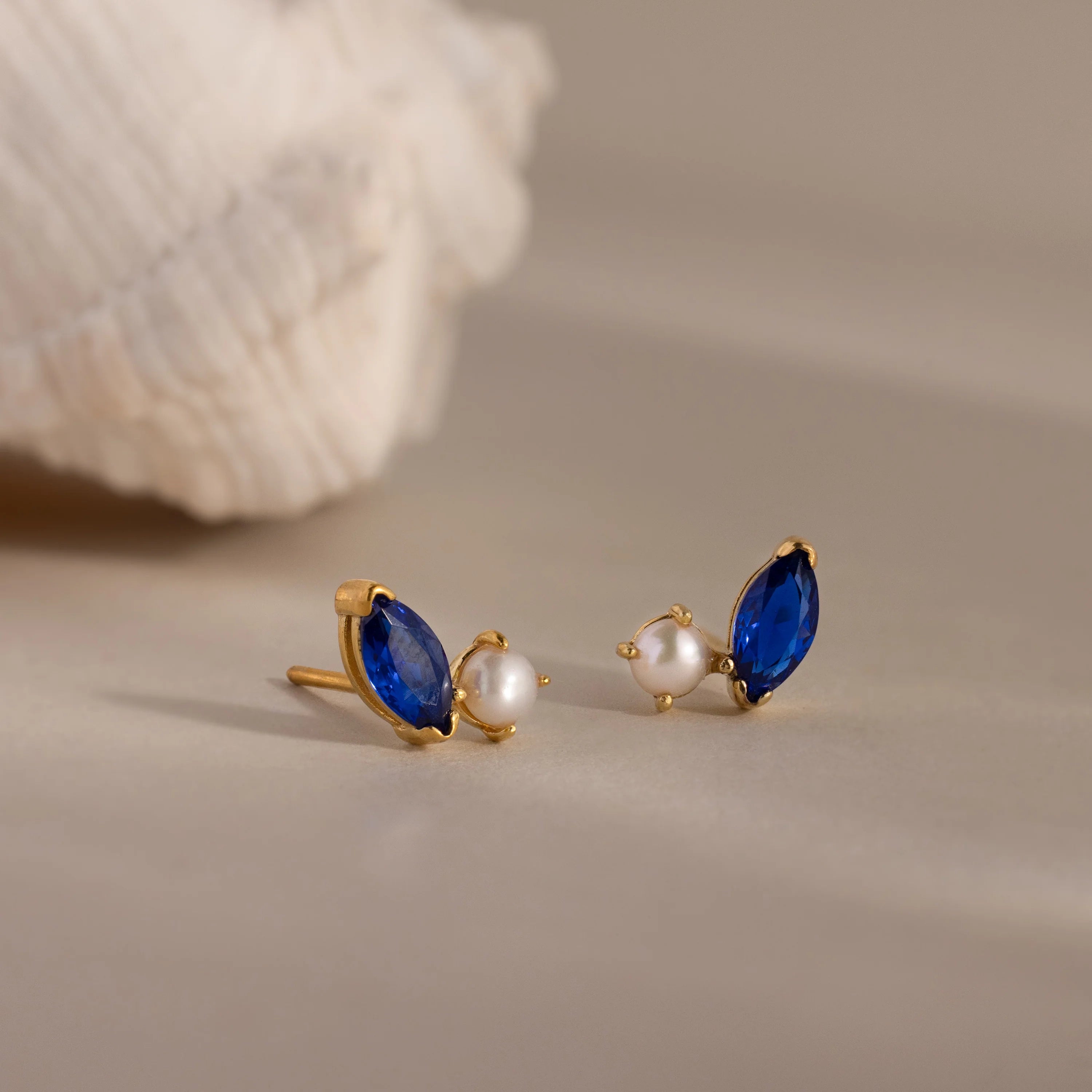 Marquise Cut Sapphire & Pearl Studs Silver 18K Gold Plated