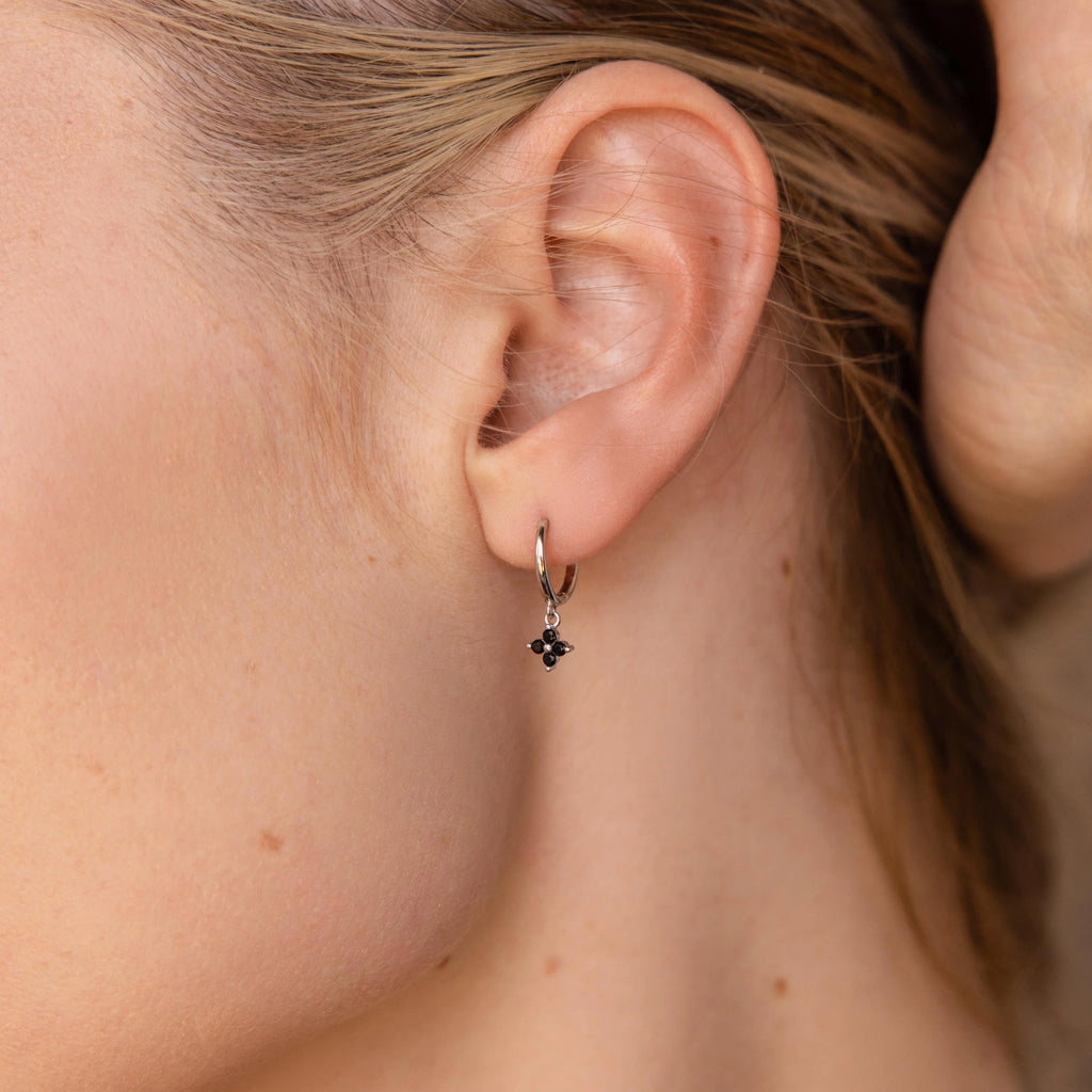 Black Ivy Flower Huggies Silver 18K Gold Plated