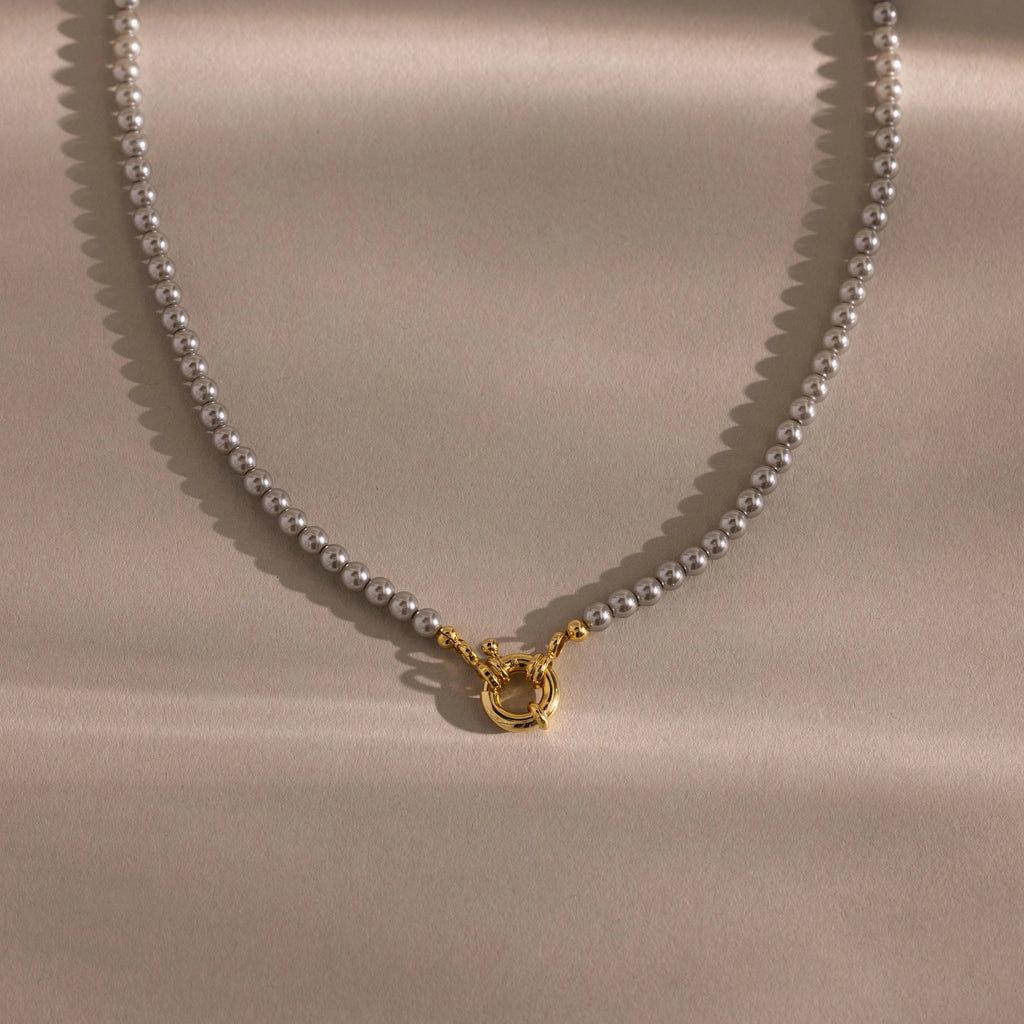 Grey Pearl Charm Necklace Silver 18K Gold Plated