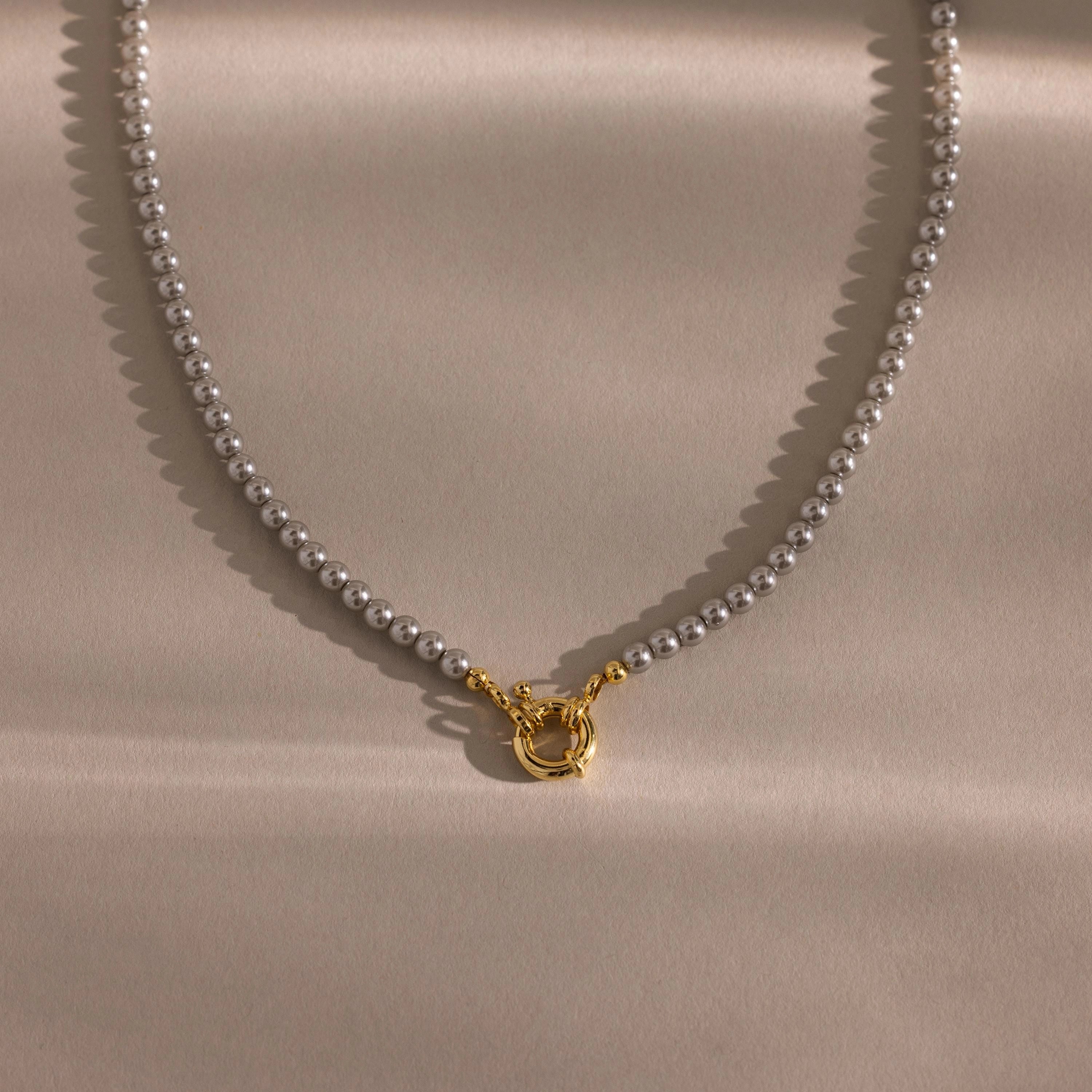 Grey Pearl Charm Necklace Silver 18K Gold Plated