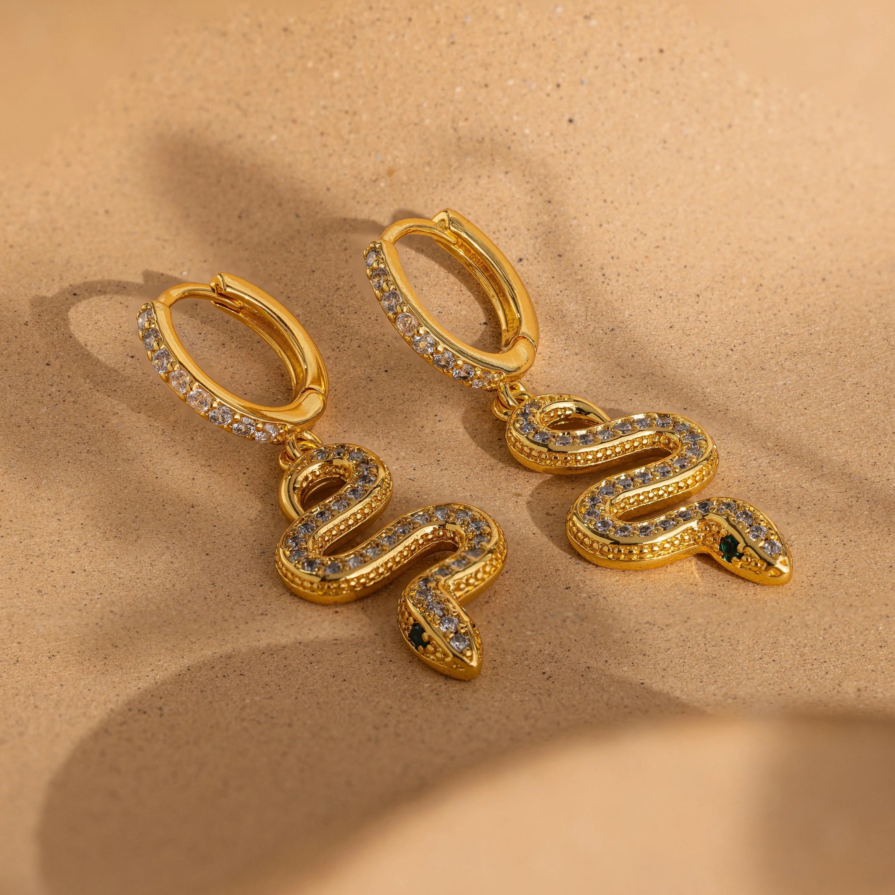 Pave Snake Charm Hoops Silver 18K Gold Plated