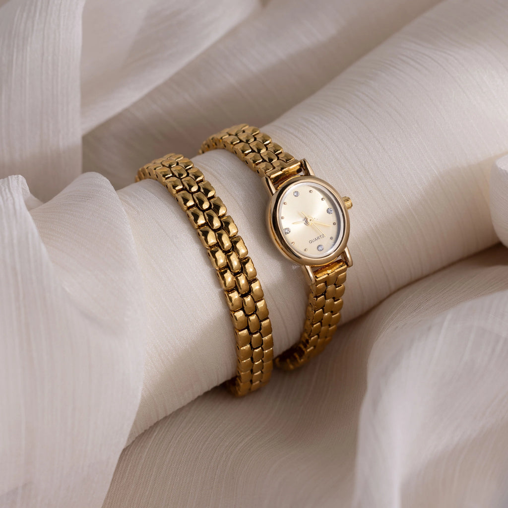Oval  Face Timepiece Set Silver 18K Gold Plated