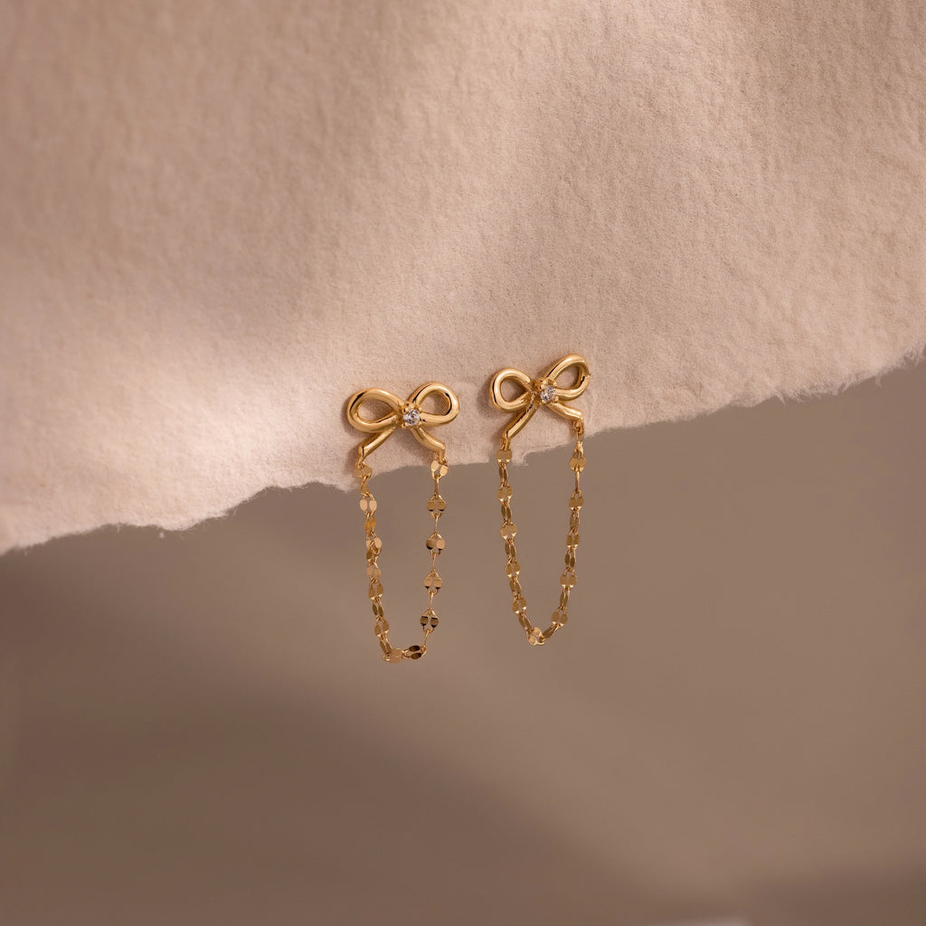Diamond Bow Chain Studs Silver 18K Gold Plated