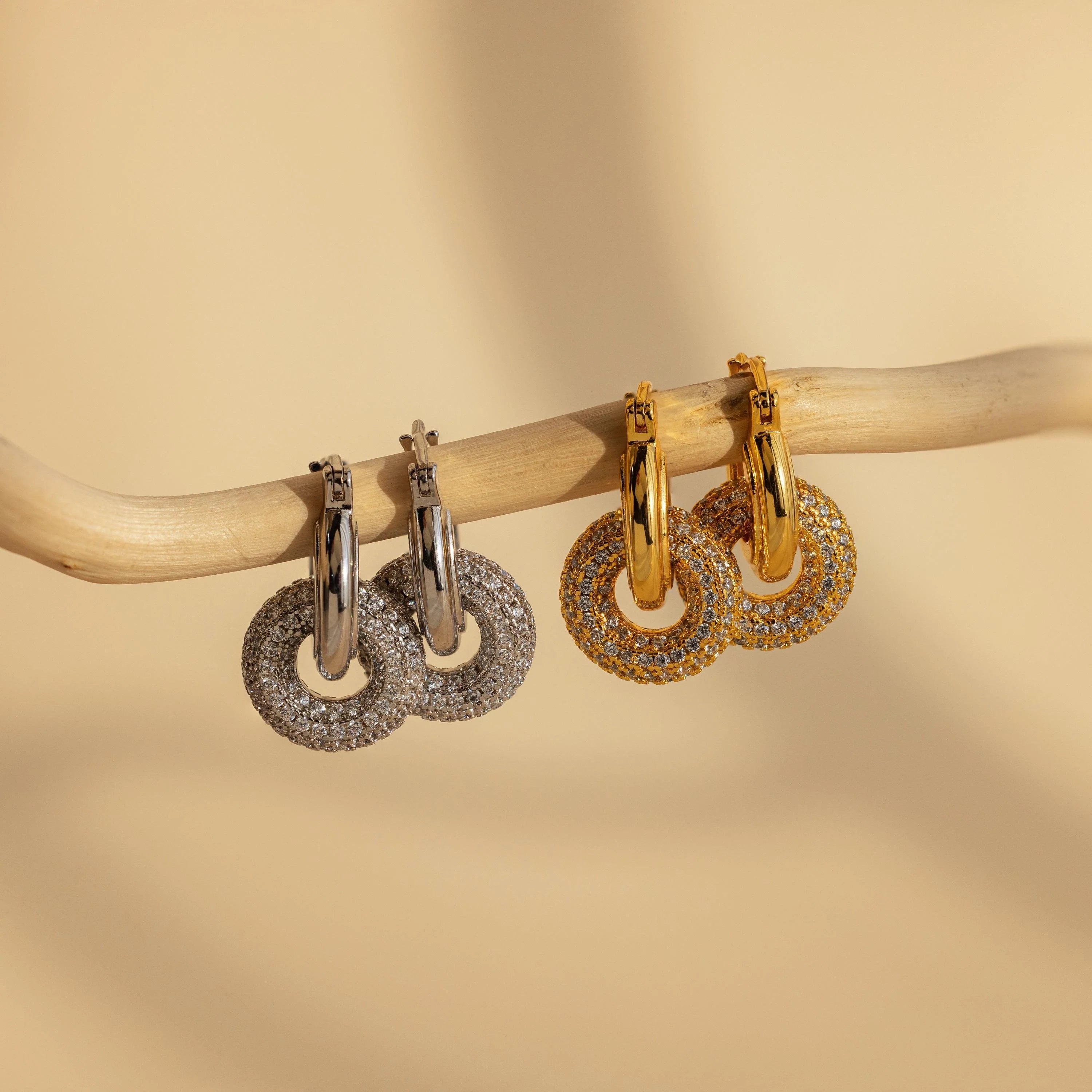 Diamonds Duo Pave Link Hoops Silver 18K Gold Plated