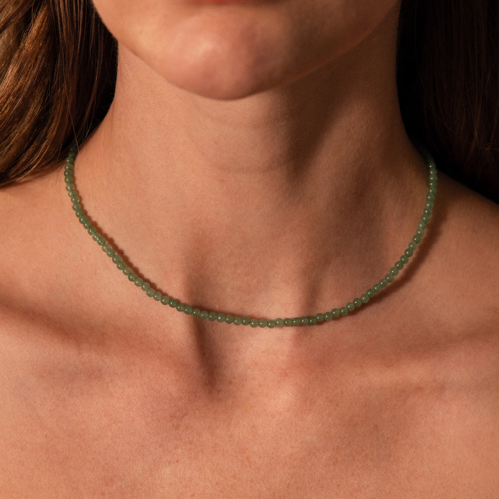 Green Aventurine Beads Choker Necklace Silver 18K Gold Plated