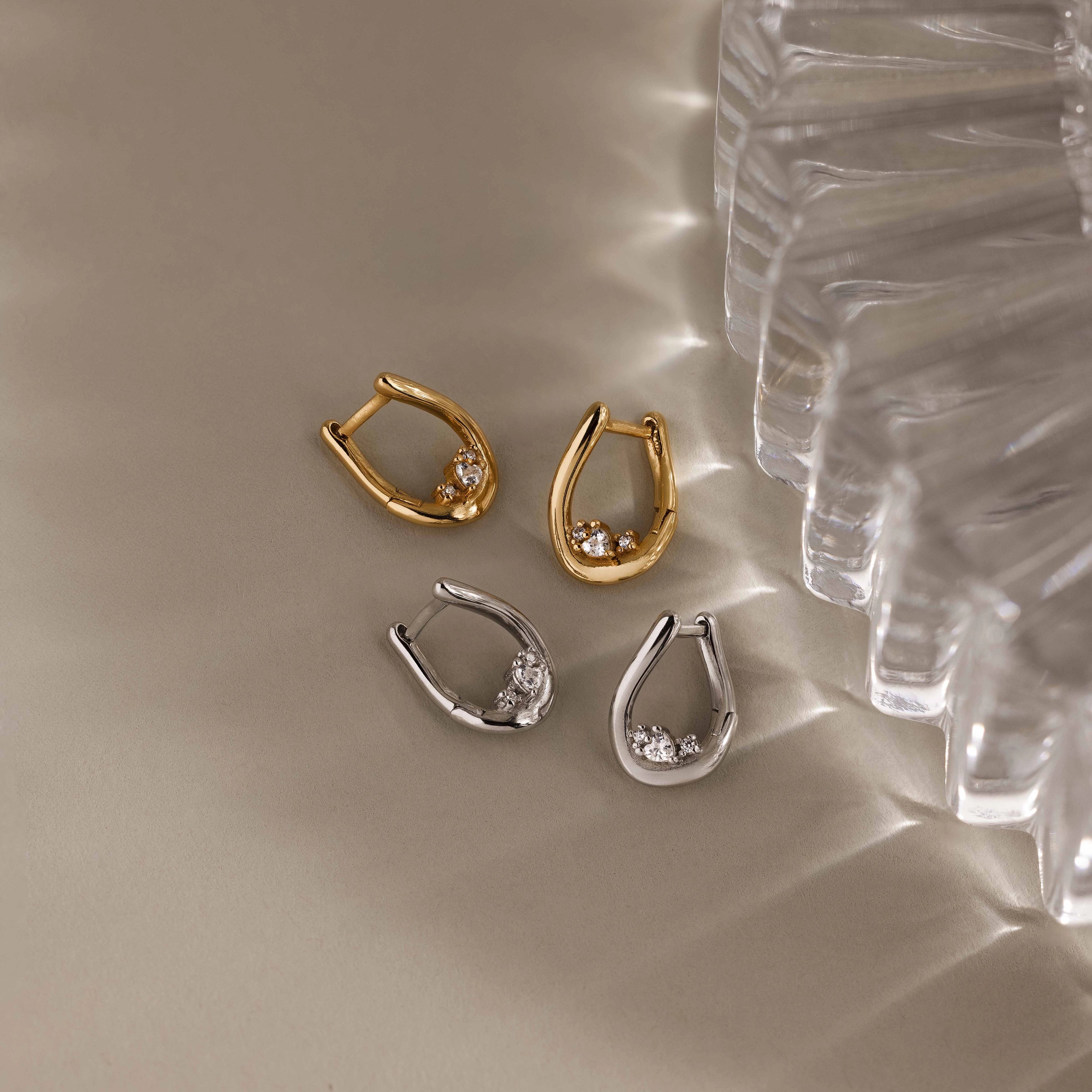Curved Diamond Teardrop Hoops Silver 18K Gold Plated