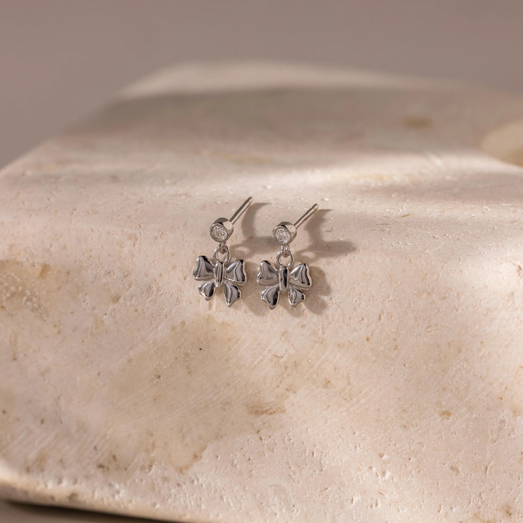 Diamond Bow Drop Studs Silver 18K Gold Plated