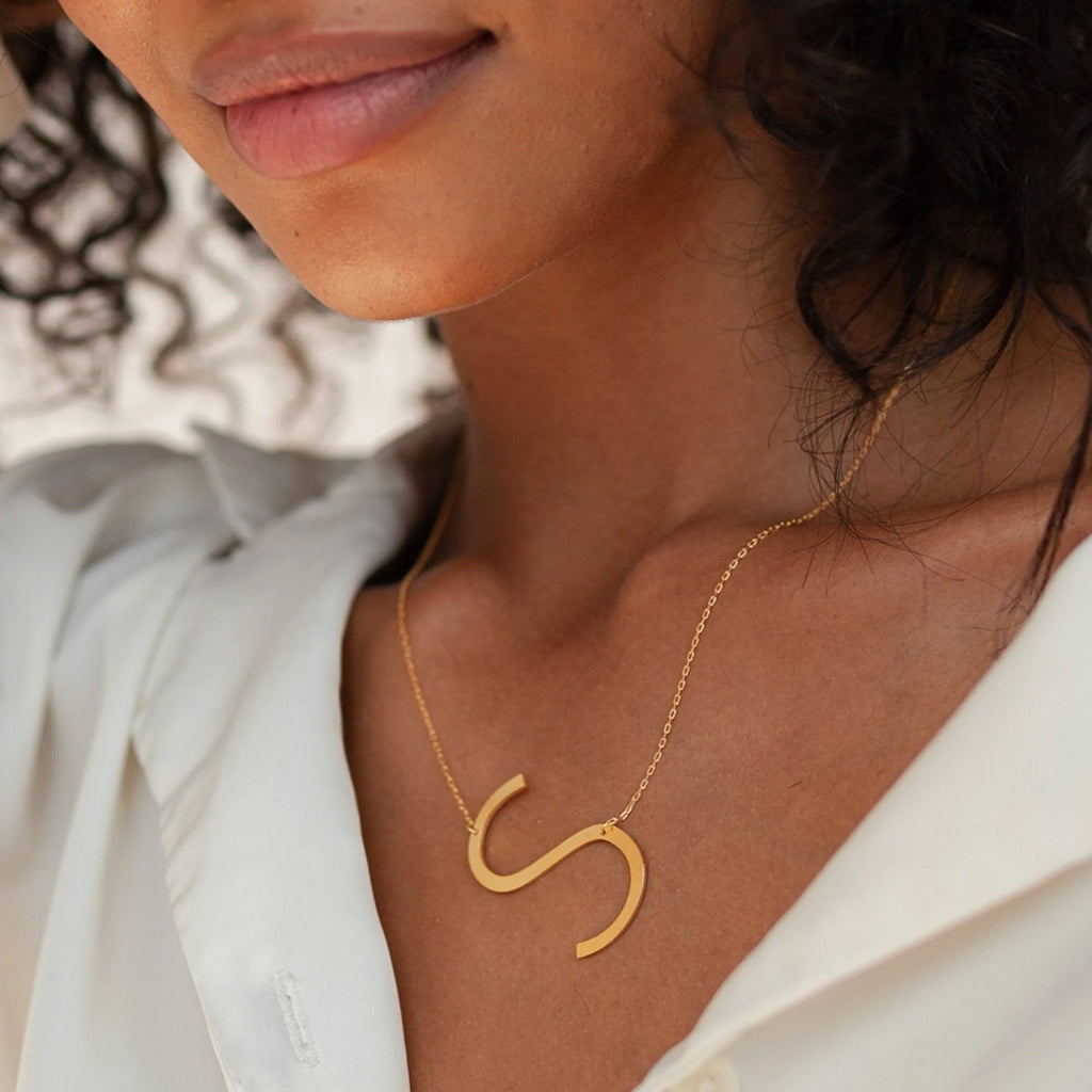 Large Sideways Initial Necklace Silver 18K Gold Plated