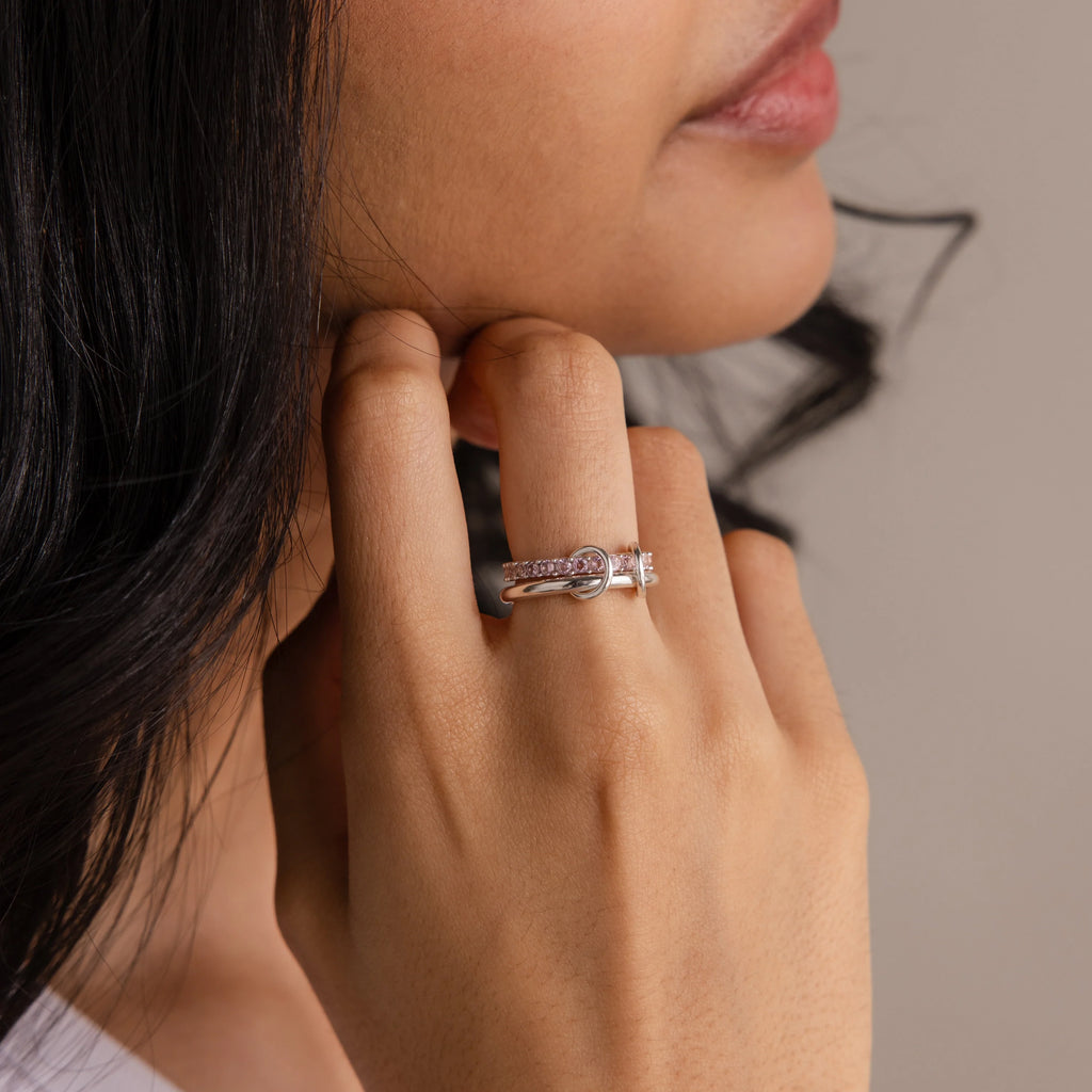Pink Tourmaline Eternity Band Duo Ring Set Silver 18K Gold Plated