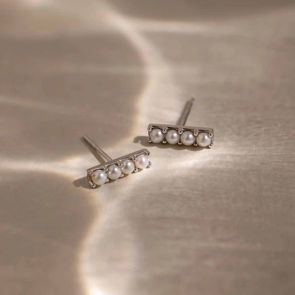 Dainty Pearl Bar Studs Silver 18K Gold Plated