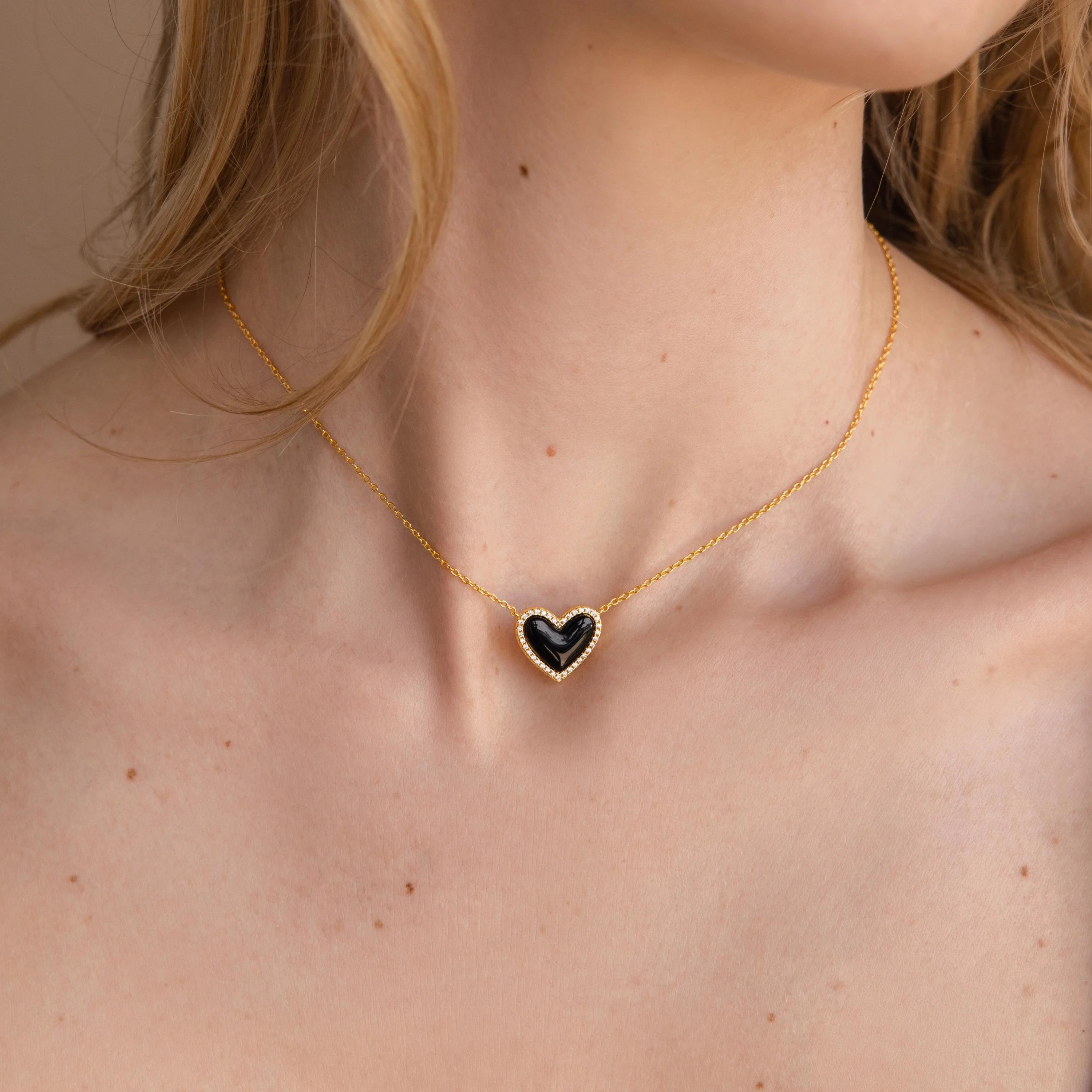 Diamond Onyx Puff Heart Necklace Silver 18K Gold Plated