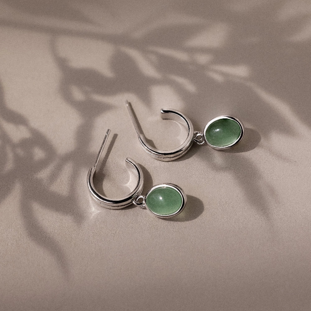 Jade Gemstone Drop Hoops Silver 18K Gold Plated