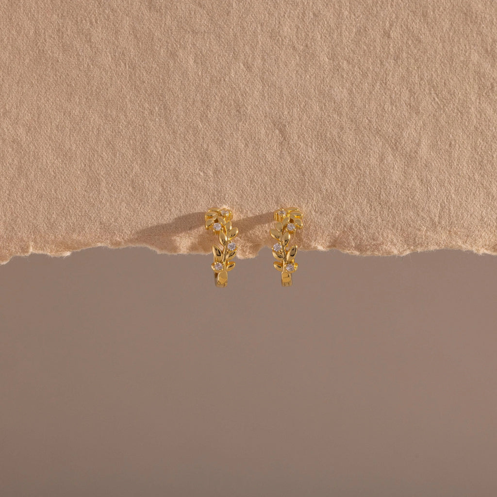 Diamond Leaf Hoops Silver 18K Gold Plated