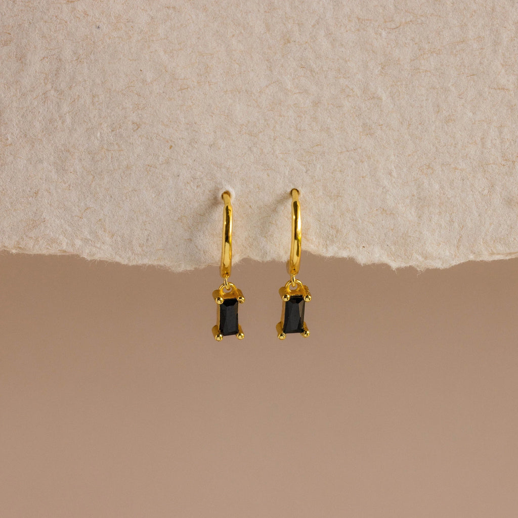 Onyx Baguette Drop Huggies Silver 18K Gold Plated