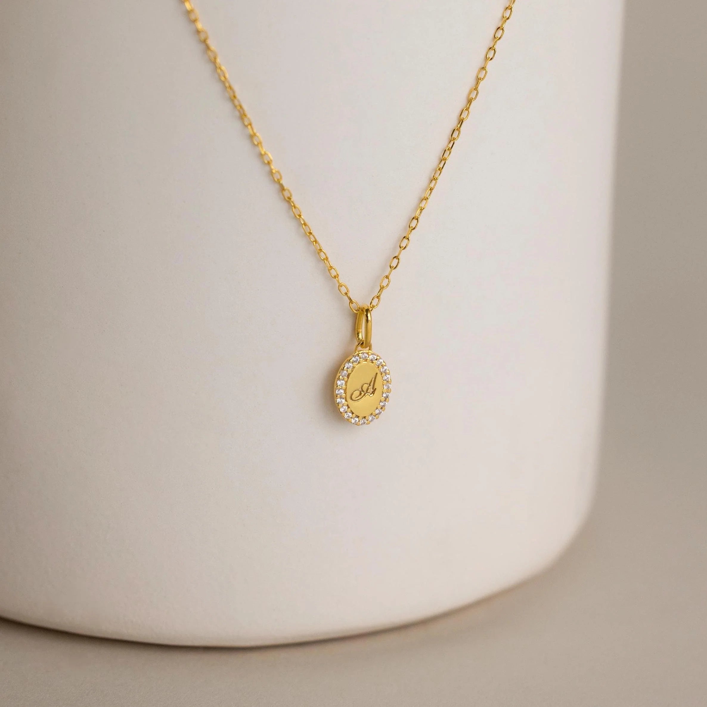 Pave Initial Pendant Necklace Silver 18K Gold Plated