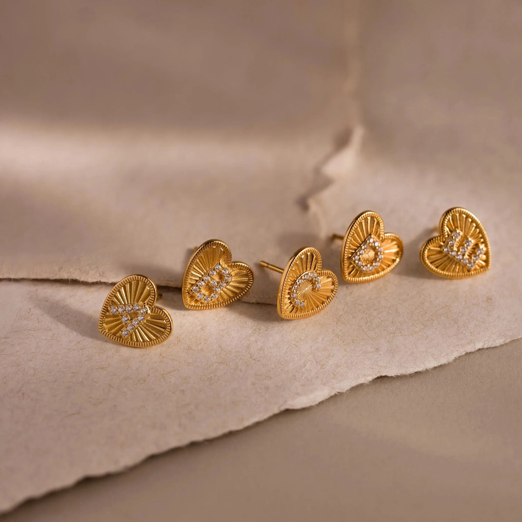 Ribbed Heart Initial Studs  Silver 18K Gold Plated