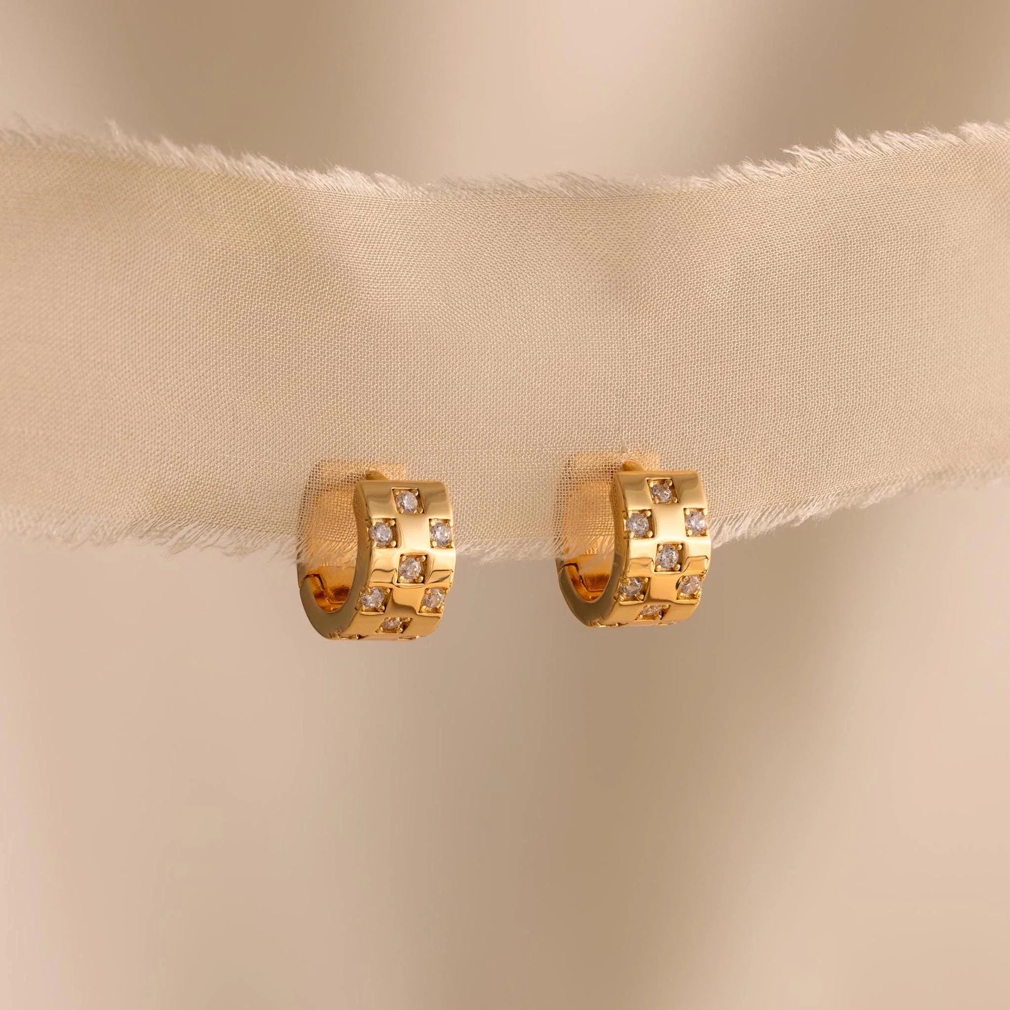 Pave Checkered Huggies Silver 18K Gold Plated