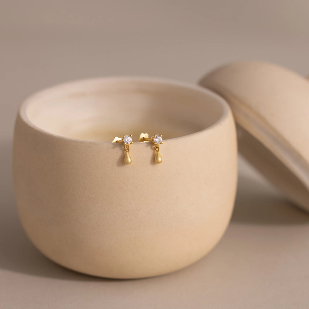 Diamond Droplet Studs Silver 18K Gold Plated