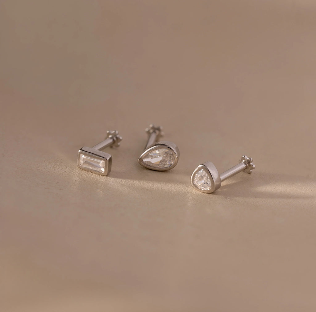 Diamond Bezel Flatback Studs Set Silver 18K Gold Plated
