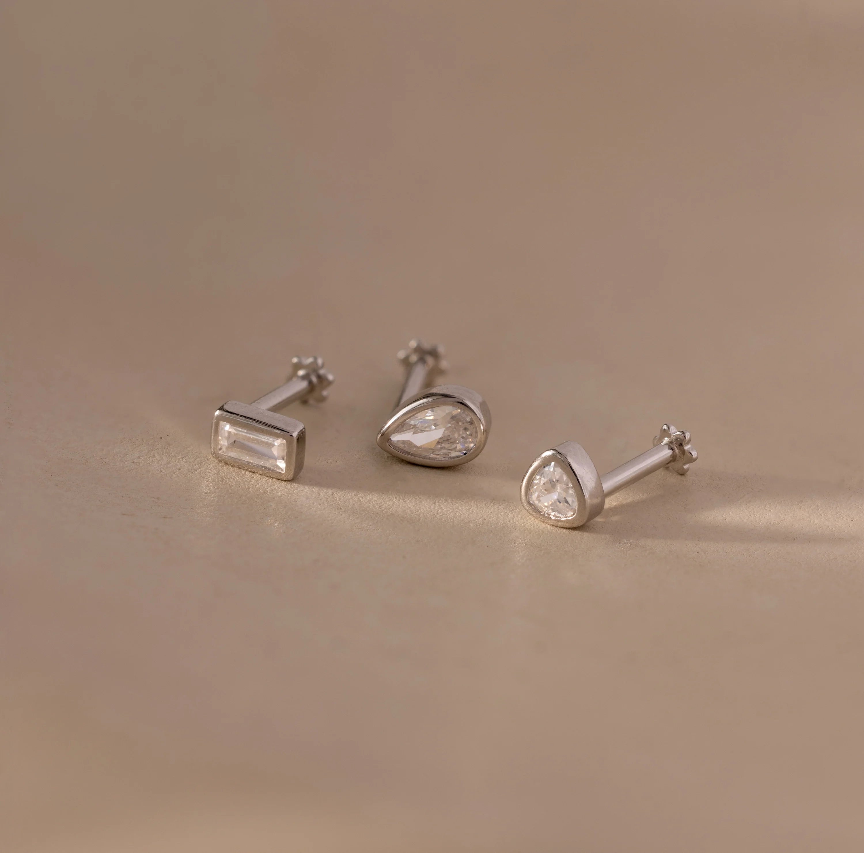 Diamond Bezel Flatback Studs Set Silver 18K Gold Plated