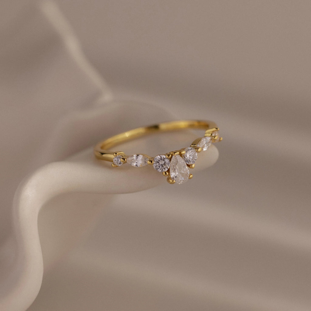 Pear & Marquise Diamond Curve Ring Silver 18K Gold Plated