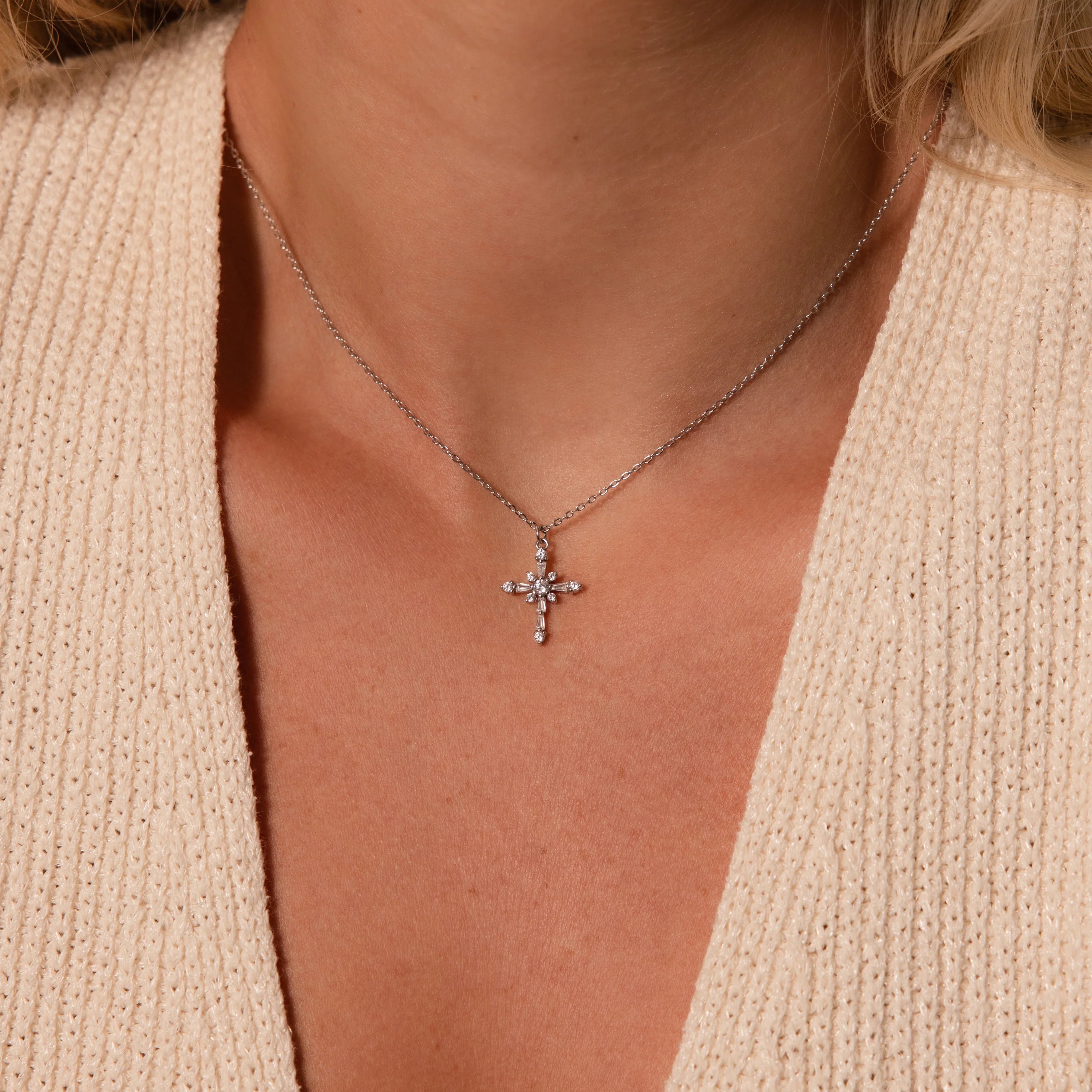 Vintage Diamond Cross Necklace Silver 18K Gold Plated