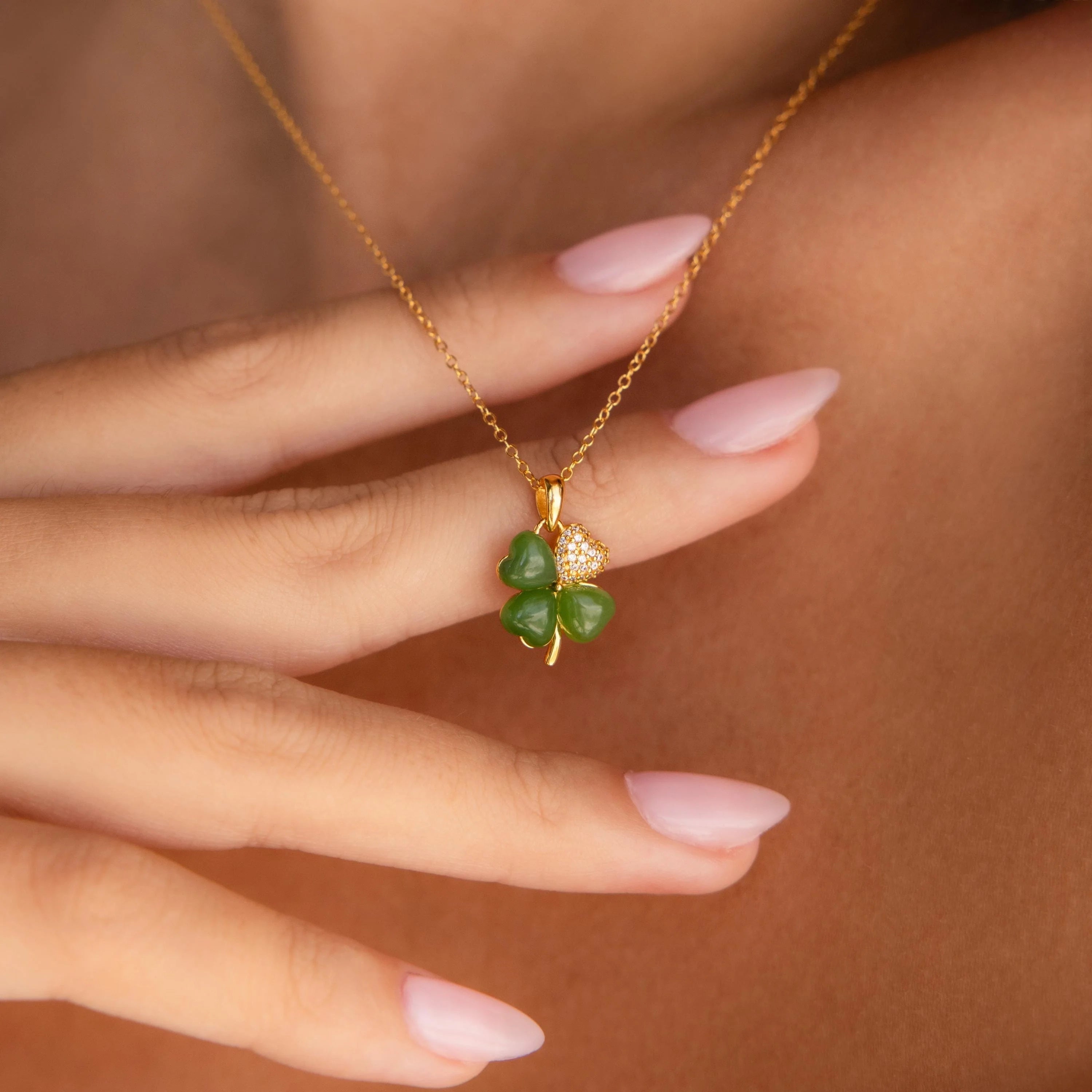 Pave Jade Clover Necklace Silver 18K Gold Plated