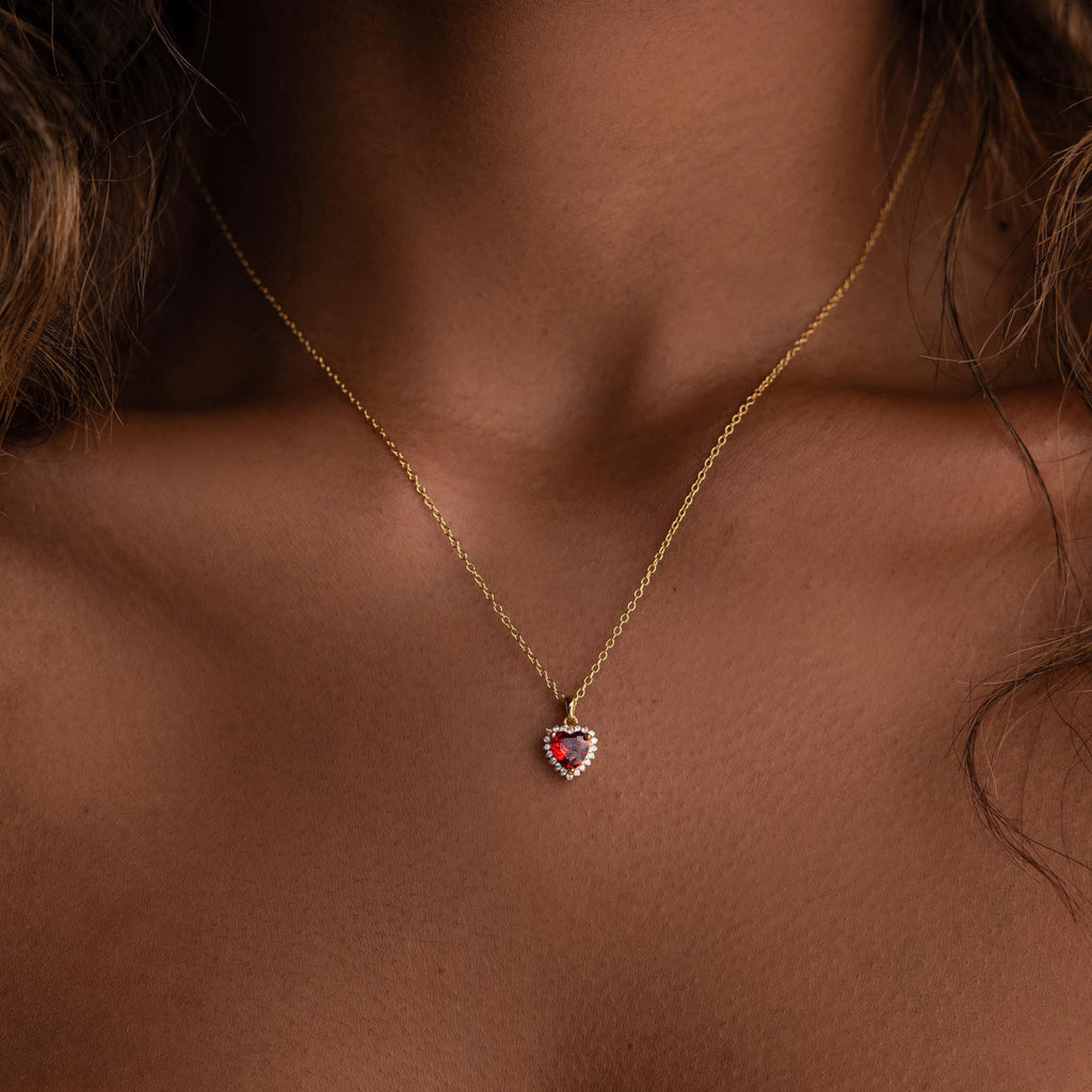 Pave Garnet Heart Necklace Silver 18K Gold Plated