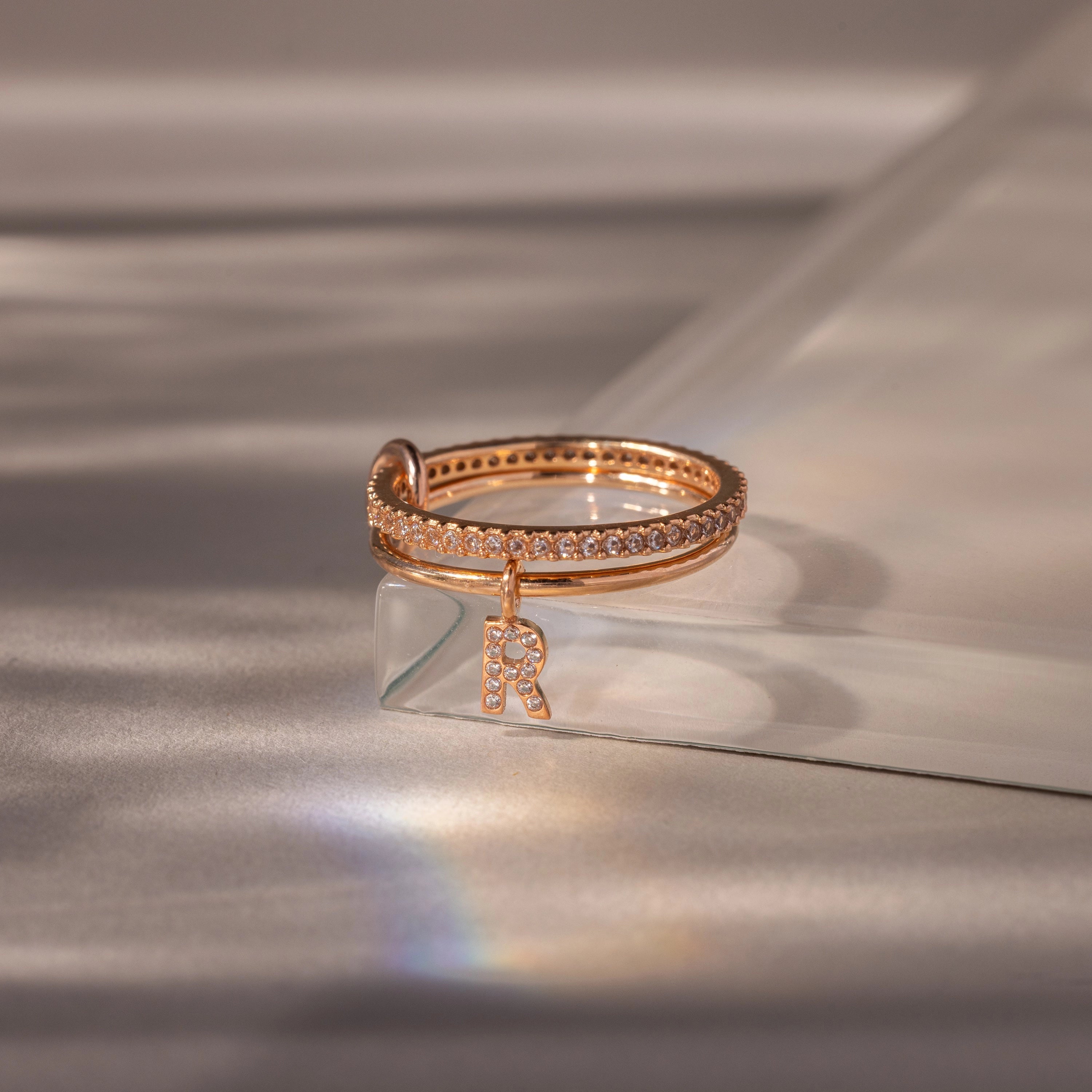 Linked Initial Diamond Ring Set Silver 18K Gold Plated
