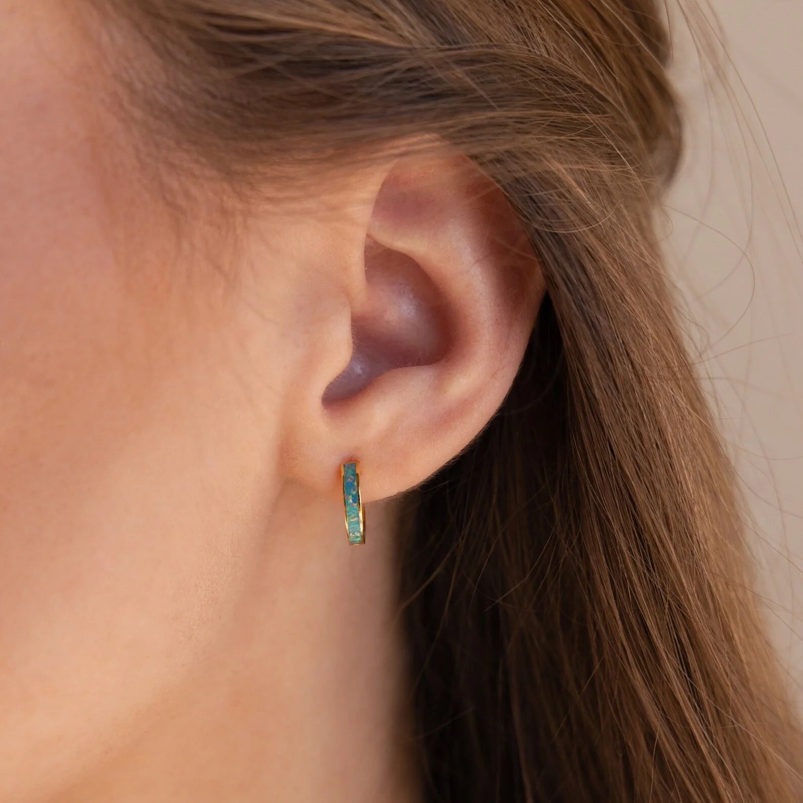 Green Opal Inlay Huggies  Silver 18K Gold Plated