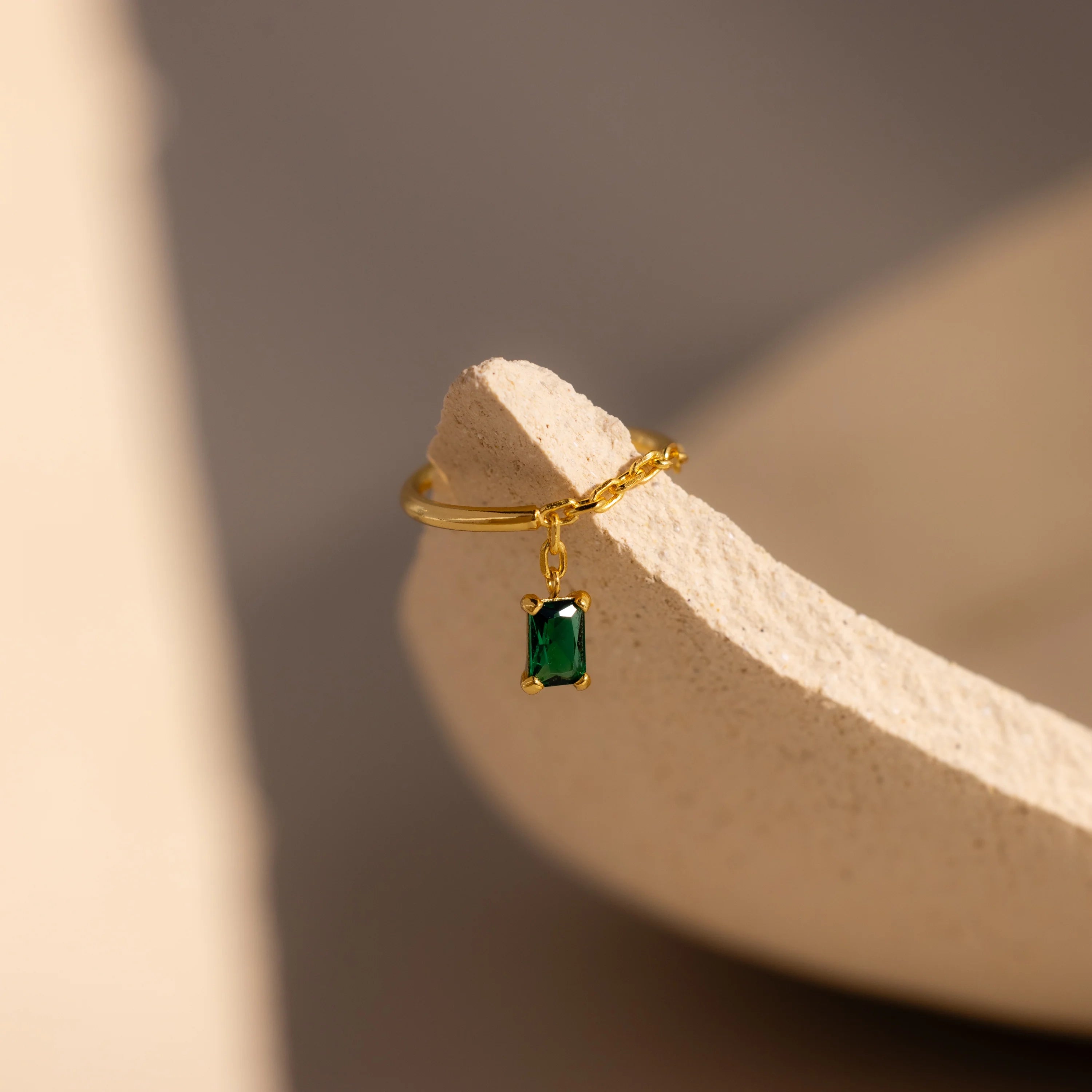 Emerald Drop Chain Ring Silver 18K Gold Plated