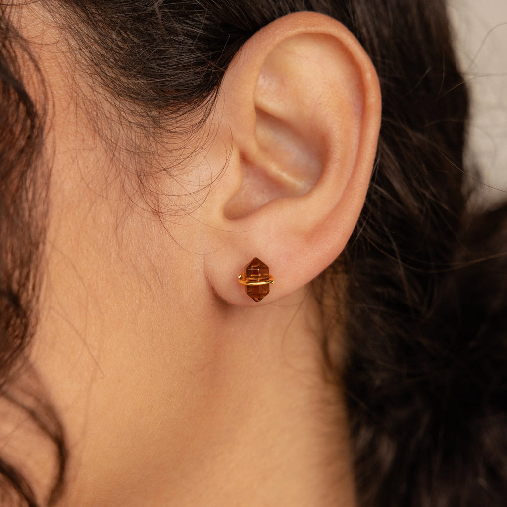 Smoky Quartz Glass Stones Studs Silver 18K Gold Plated