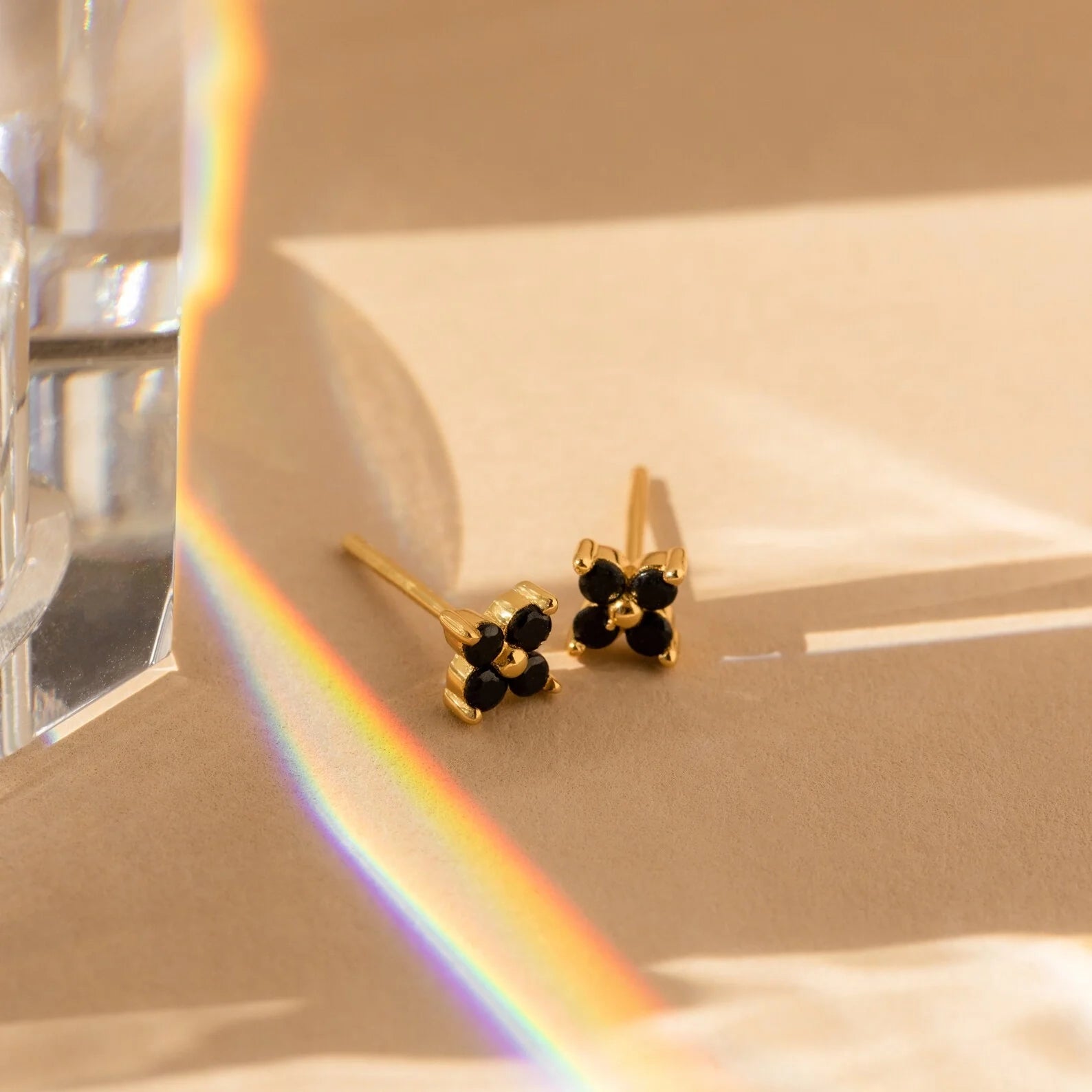 Black Diamond Flower Studs Silver 18K Gold Plated
