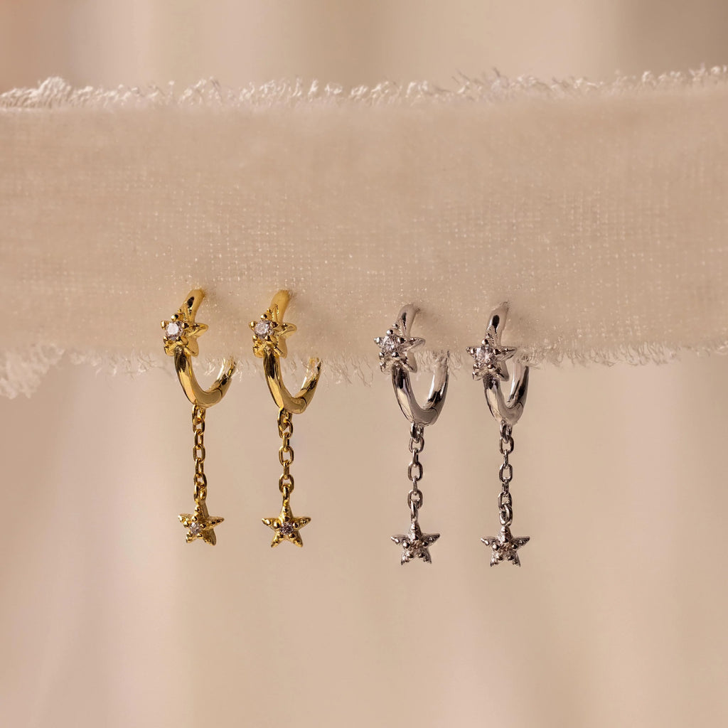 Star Drop Chain Huggies Silver 18K Gold Plated