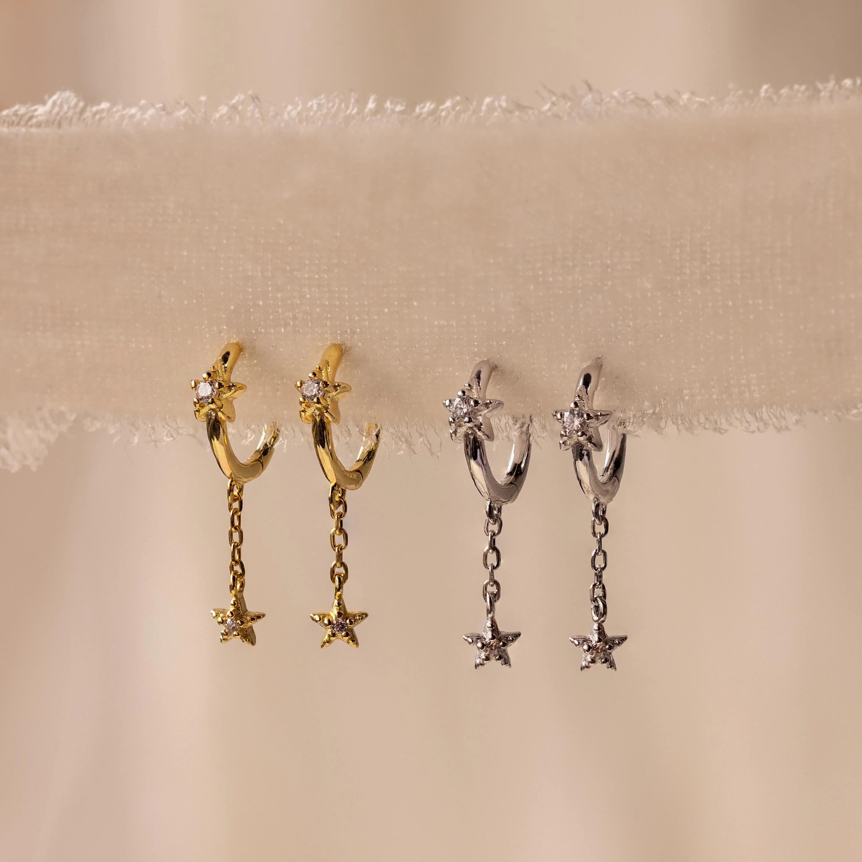 Star Drop Chain Huggies Silver 18K Gold Plated