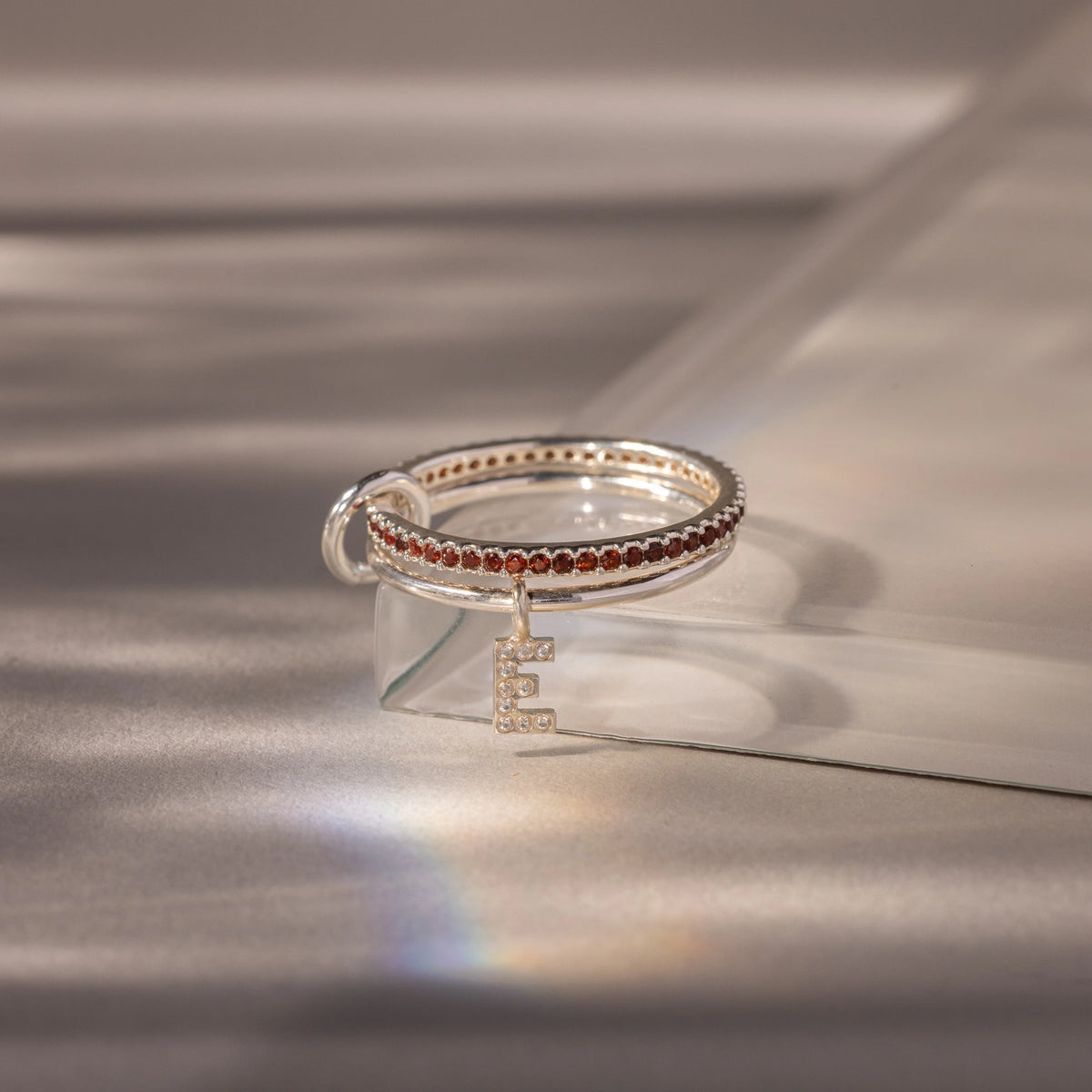 Garnet Linked Initial Ring Set Silver 18K Gold Plated