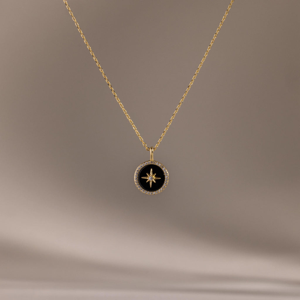 Diamonds Onyx Star Pendant Necklace Silver 18K Gold Plated