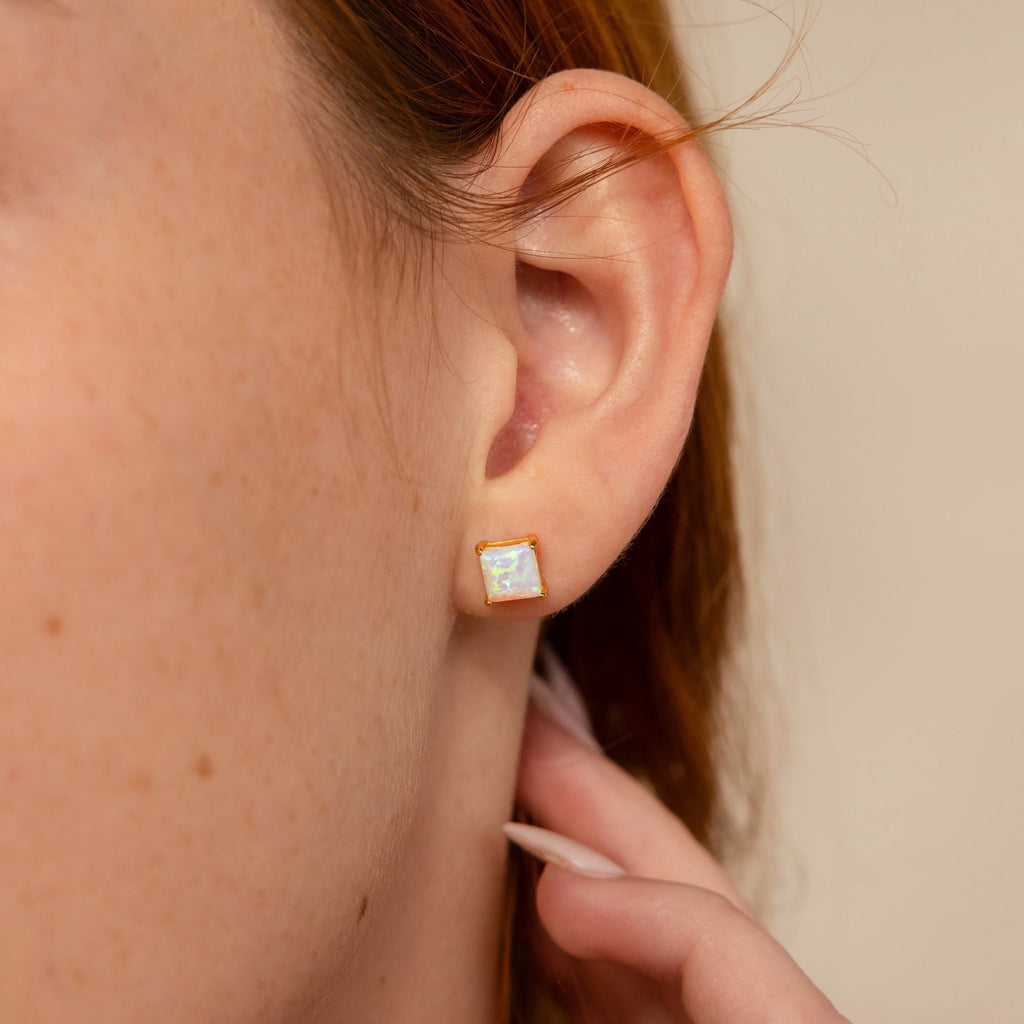 Princess Cut Opal Studs Silver 18K Gold Plated