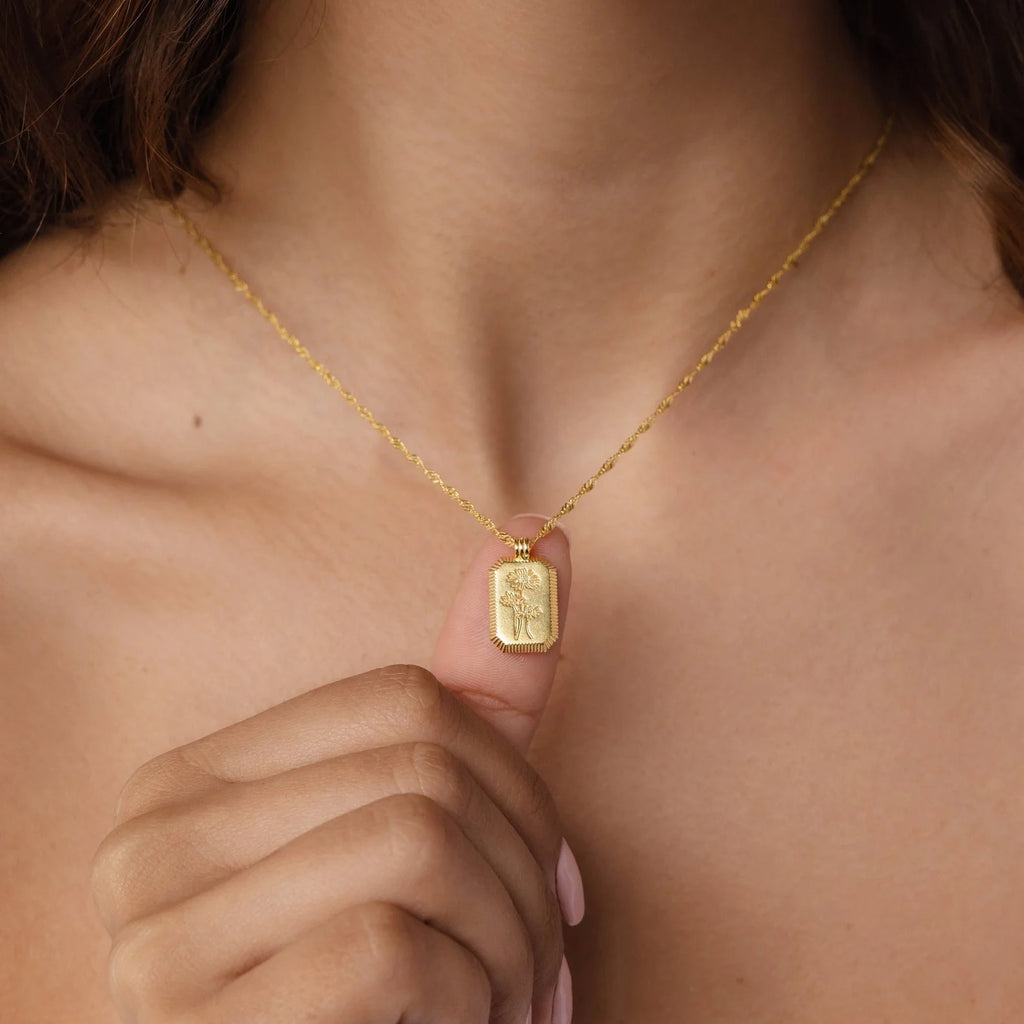 Ribbed Birth Flower Tag Necklace Silver 18K Gold Plated