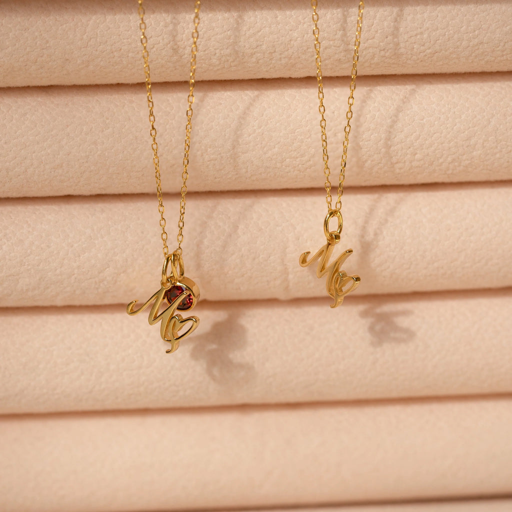 Initial Heart Birthstone Necklace Silver 18K Gold Plated
