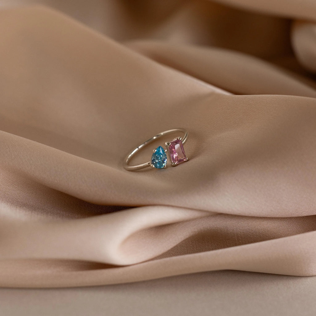Open Toi et Moi Birthstone Ring Silver 18K Gold Plated