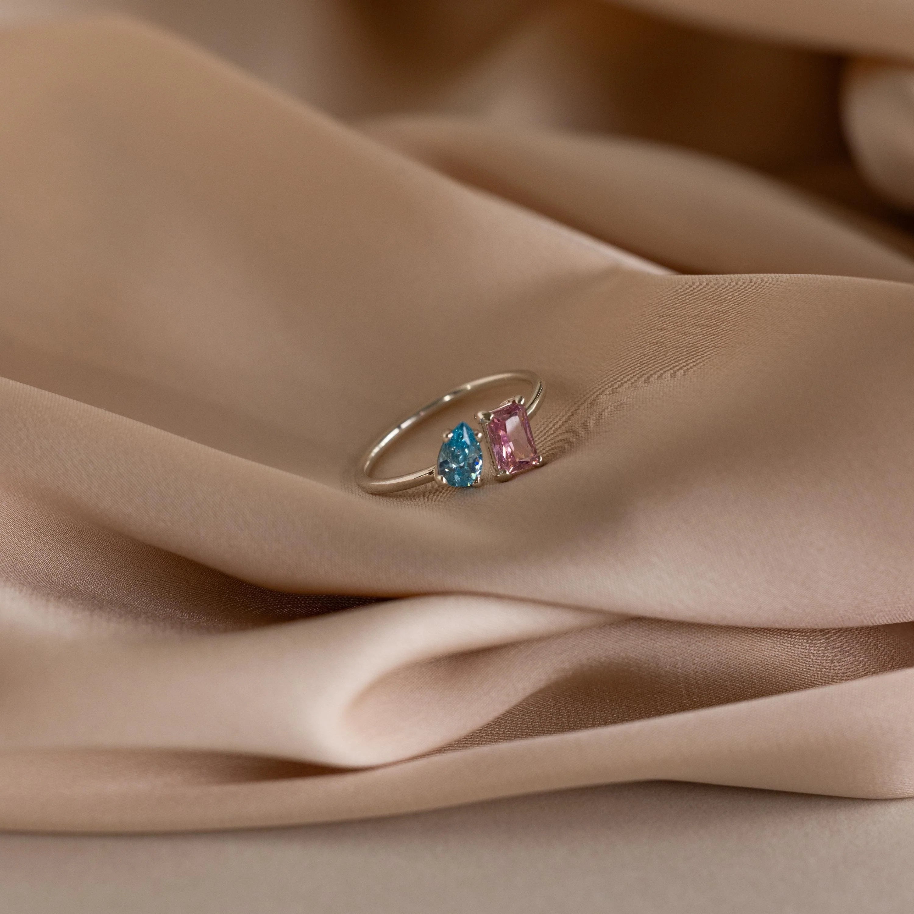Open Toi et Moi Birthstone Ring Silver 18K Gold Plated