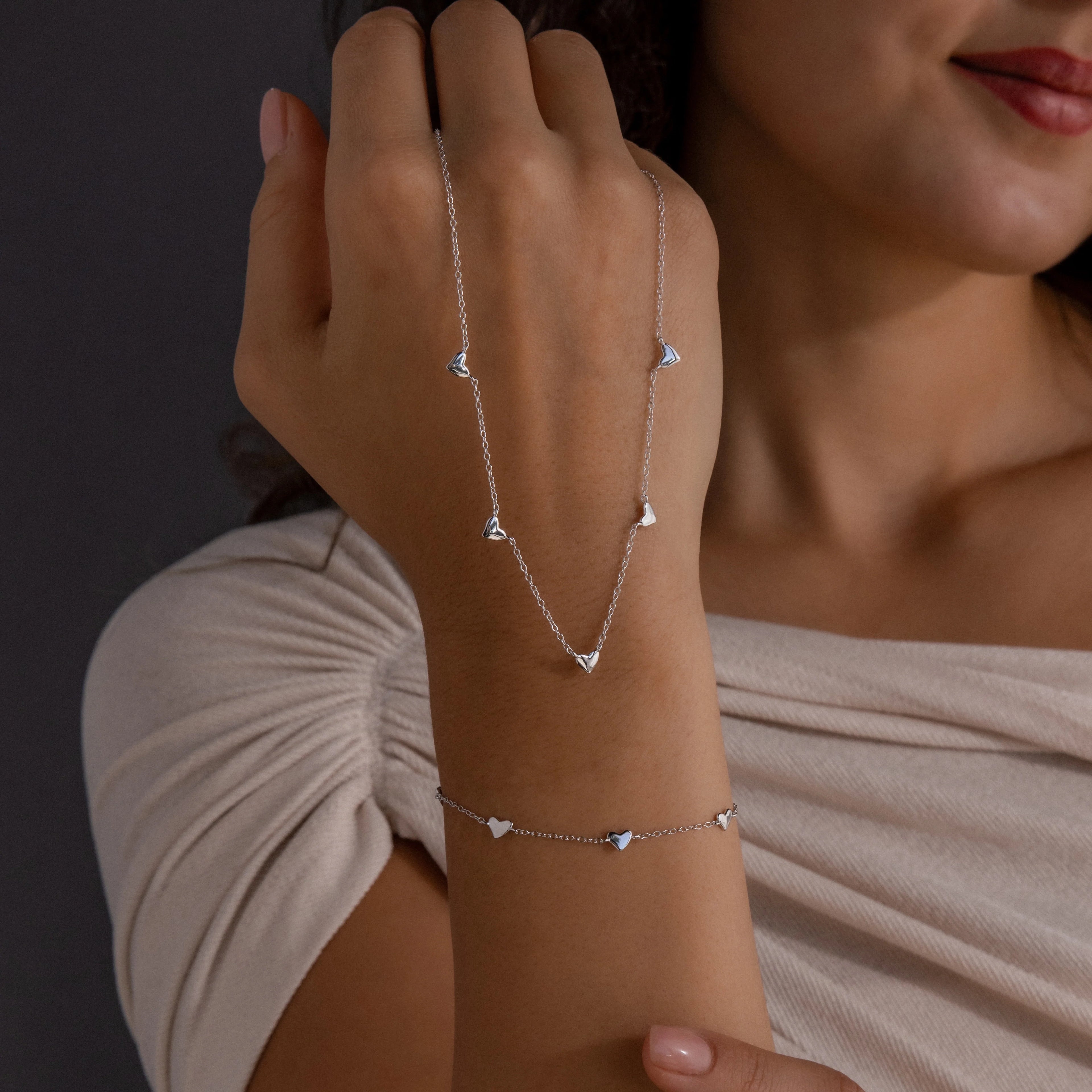 Heart Station Necklace & Bracelet Set Silver 18K Gold Plated