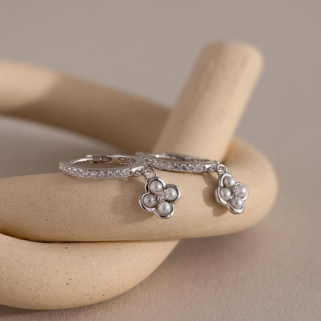 Diamonds Pearl Flower Hoops Silver 18K Gold Plated