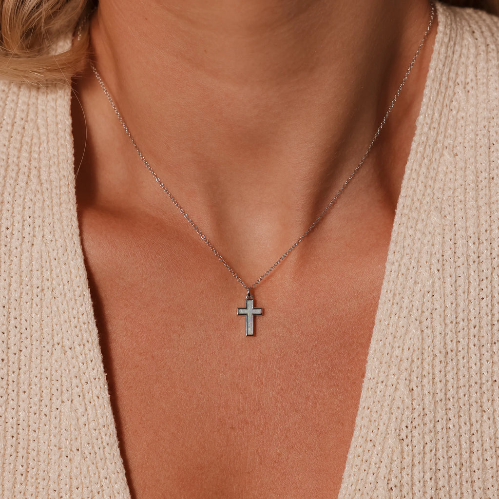 Opal Cross Necklace Silver 18K Gold Plated