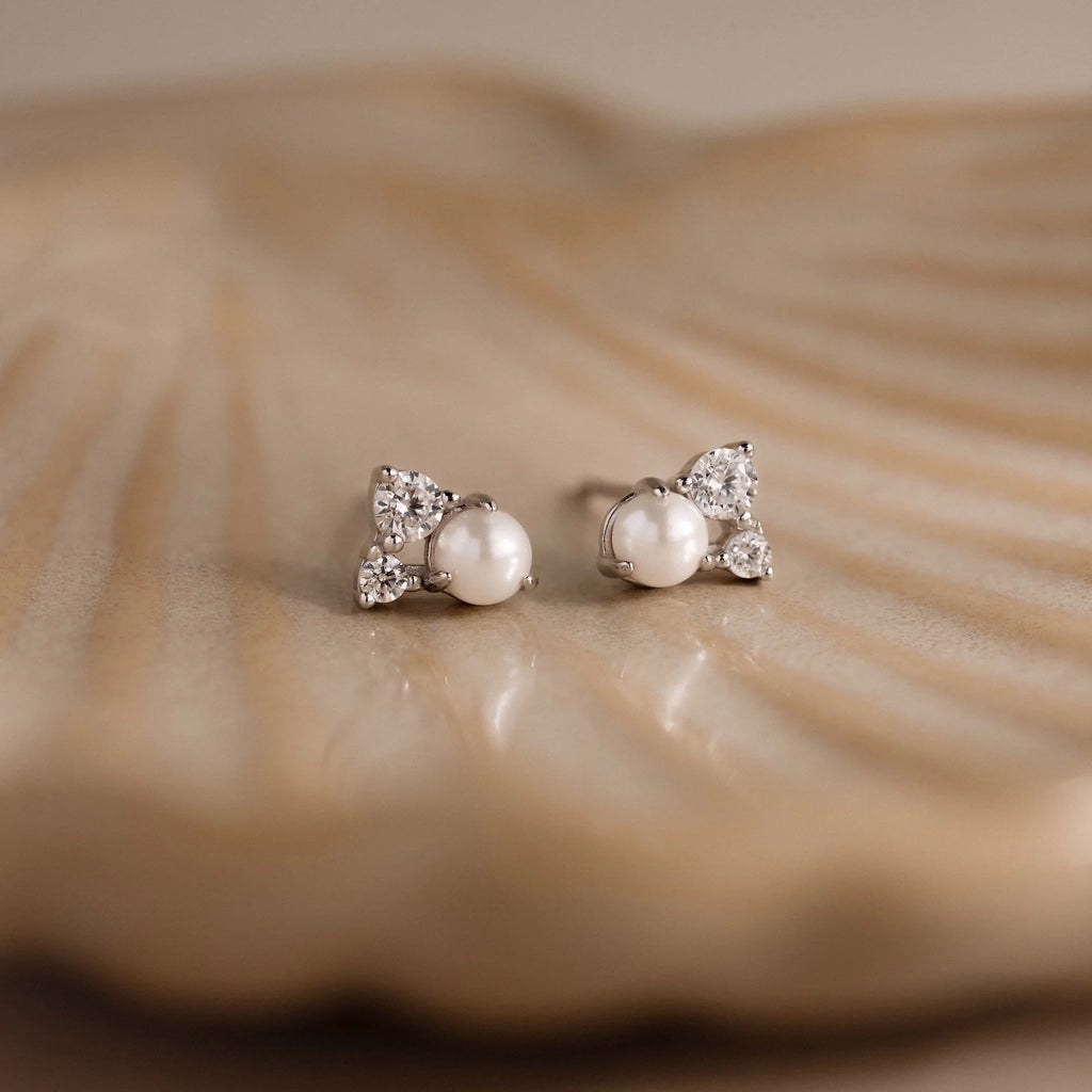 Pearl Diamond Cluster Studs Silver 18K Gold Plated