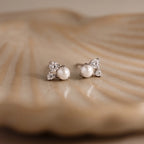 Pearl Diamond Cluster Studs Silver 18K Gold Plated