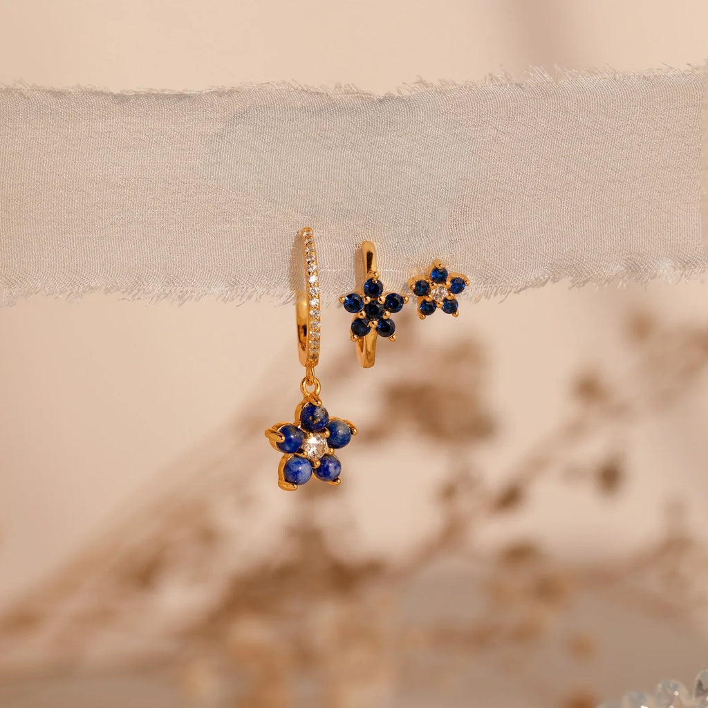 Sapphire Flower Earrings Set Silver 18K Gold Plated