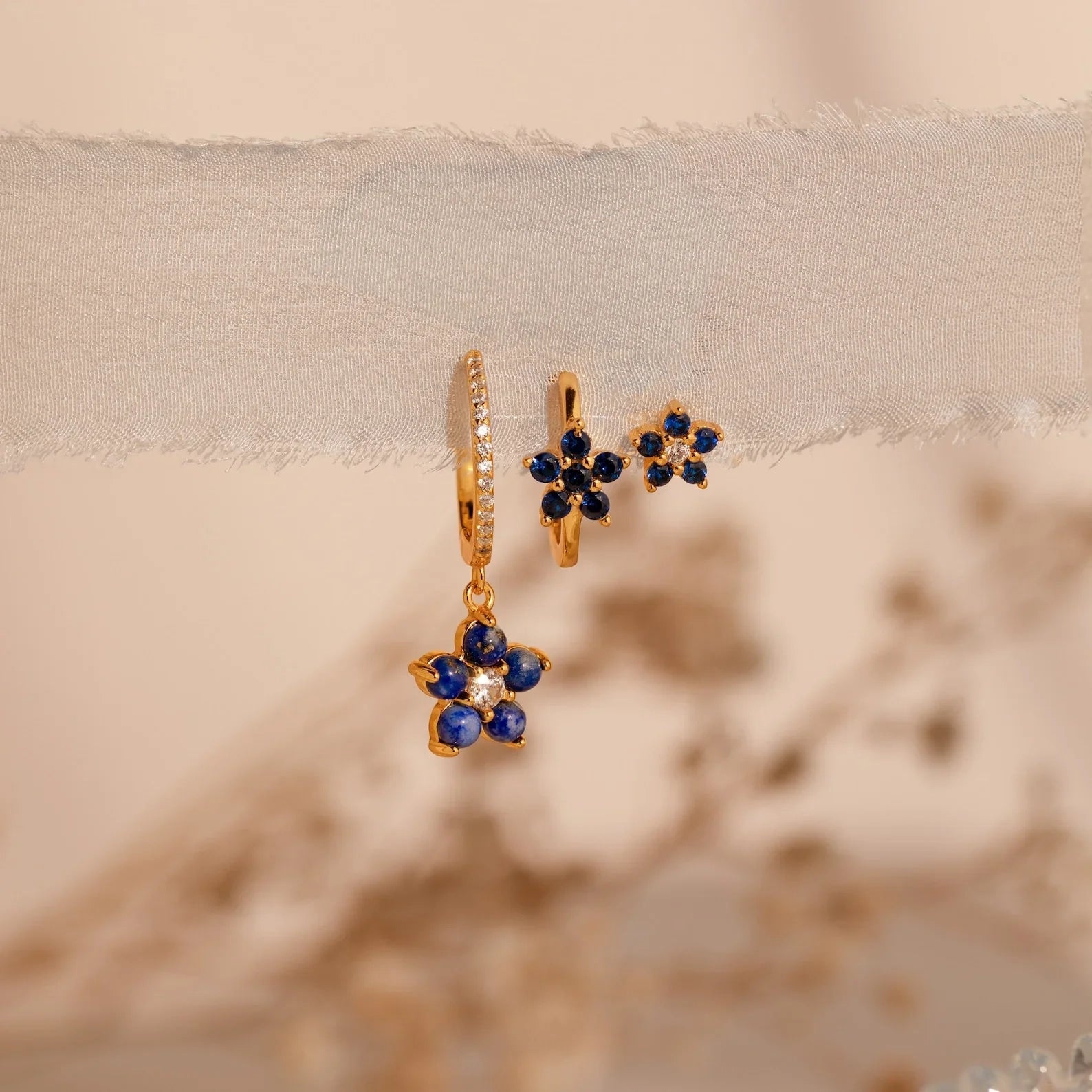Sapphire Flower Earrings Set Silver 18K Gold Plated